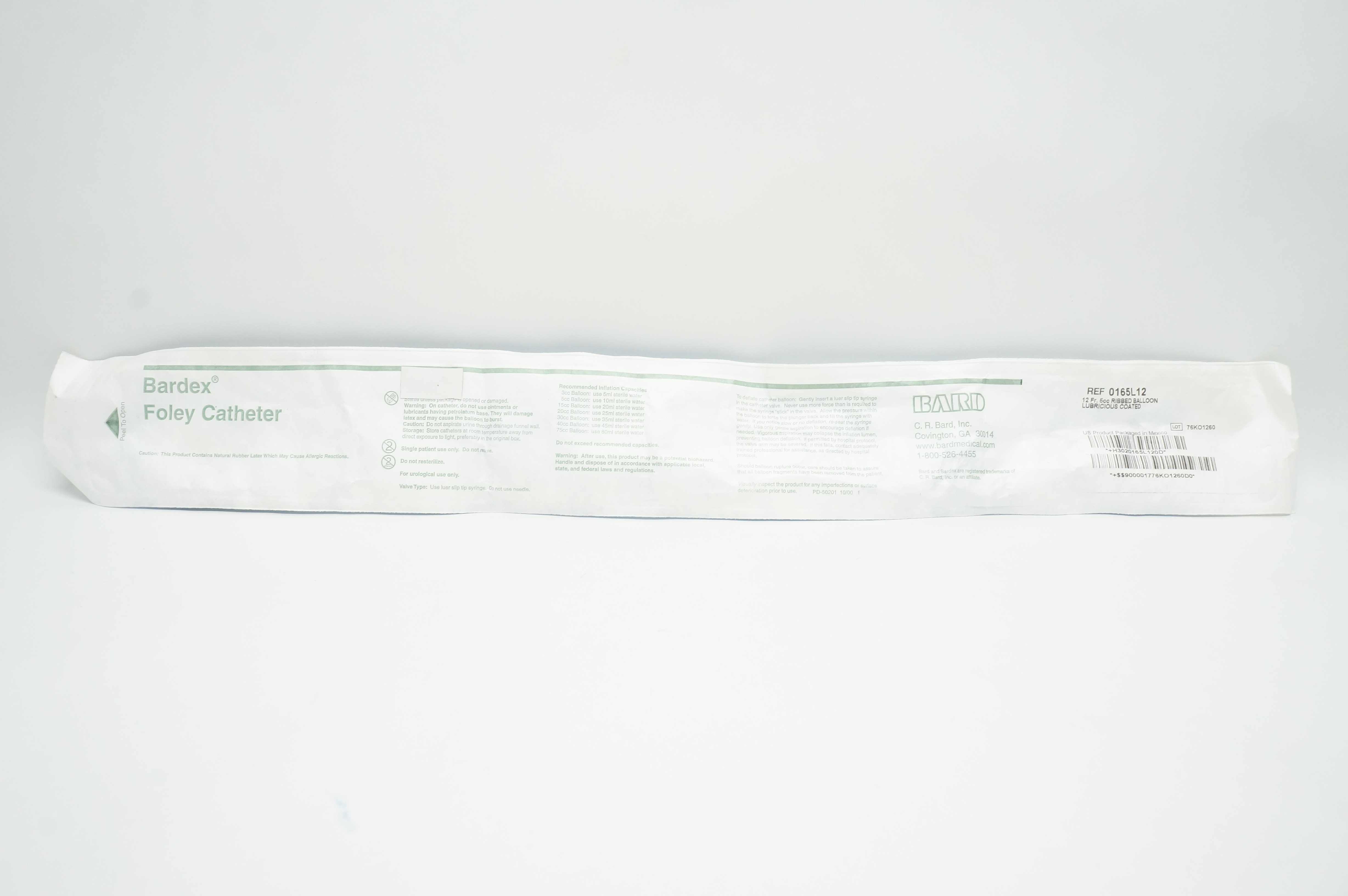 Bard 0165L12 Bardex Foley Cath. Ribbed Balloon Lubricious Coated 12Fr x 5cc