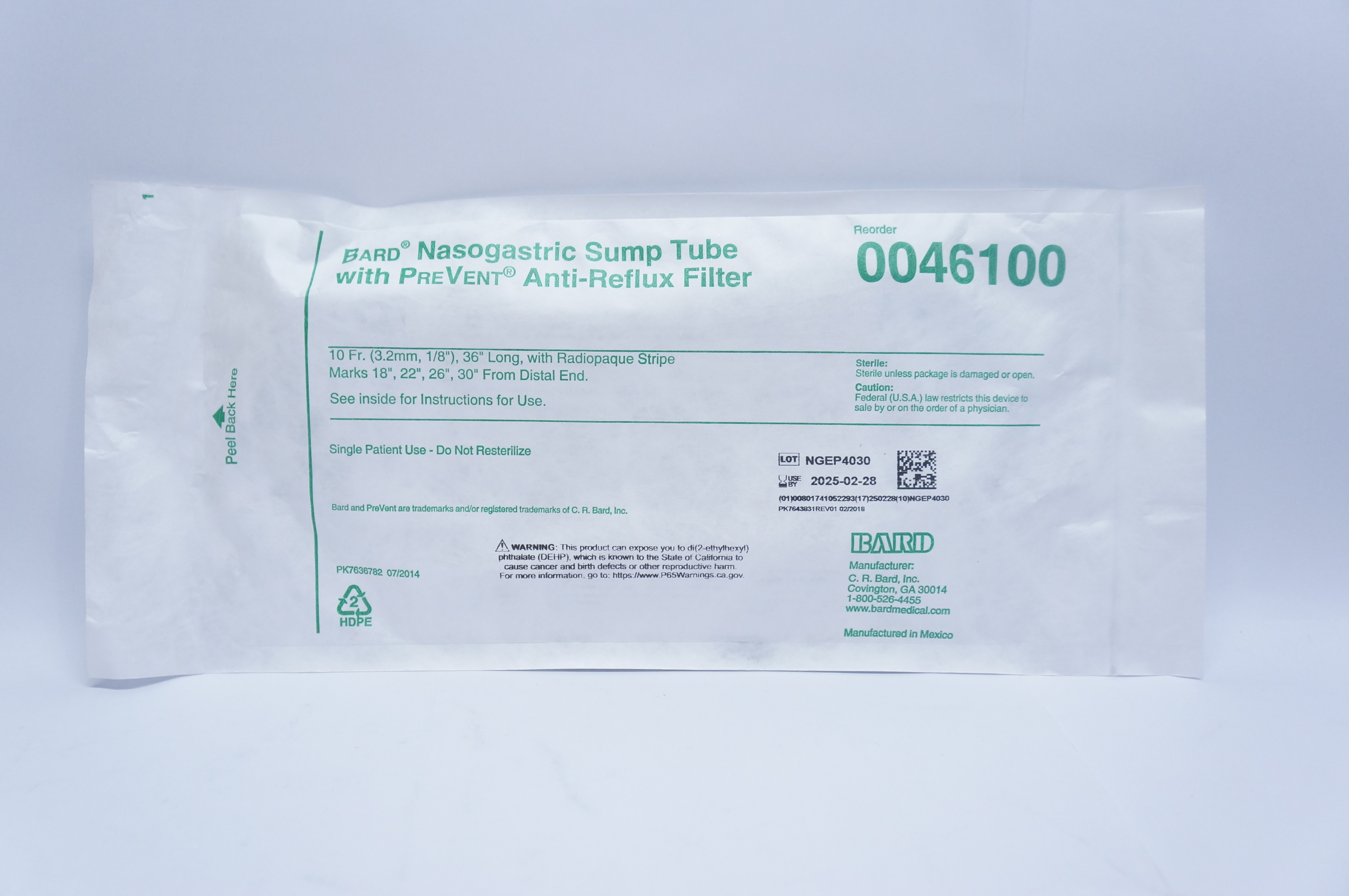 Bard 0046100 Nasogastric Sump Tube with PreVent AntiReflux Filter 10Fr