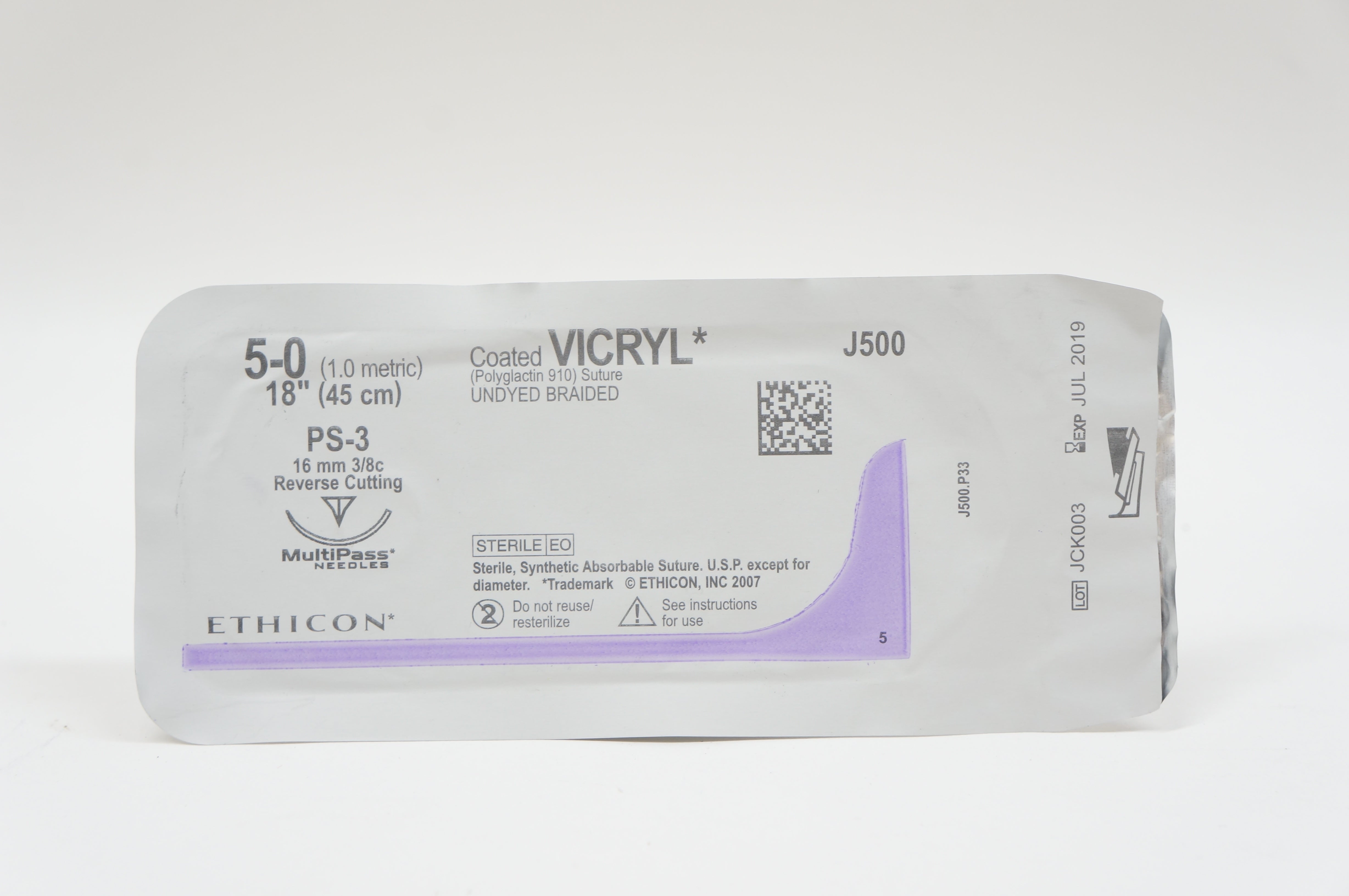 Ethicon J500 5-0 VICRYL, PS-3, 16mm 3/8c Reverse Cutting, 18inch (x)