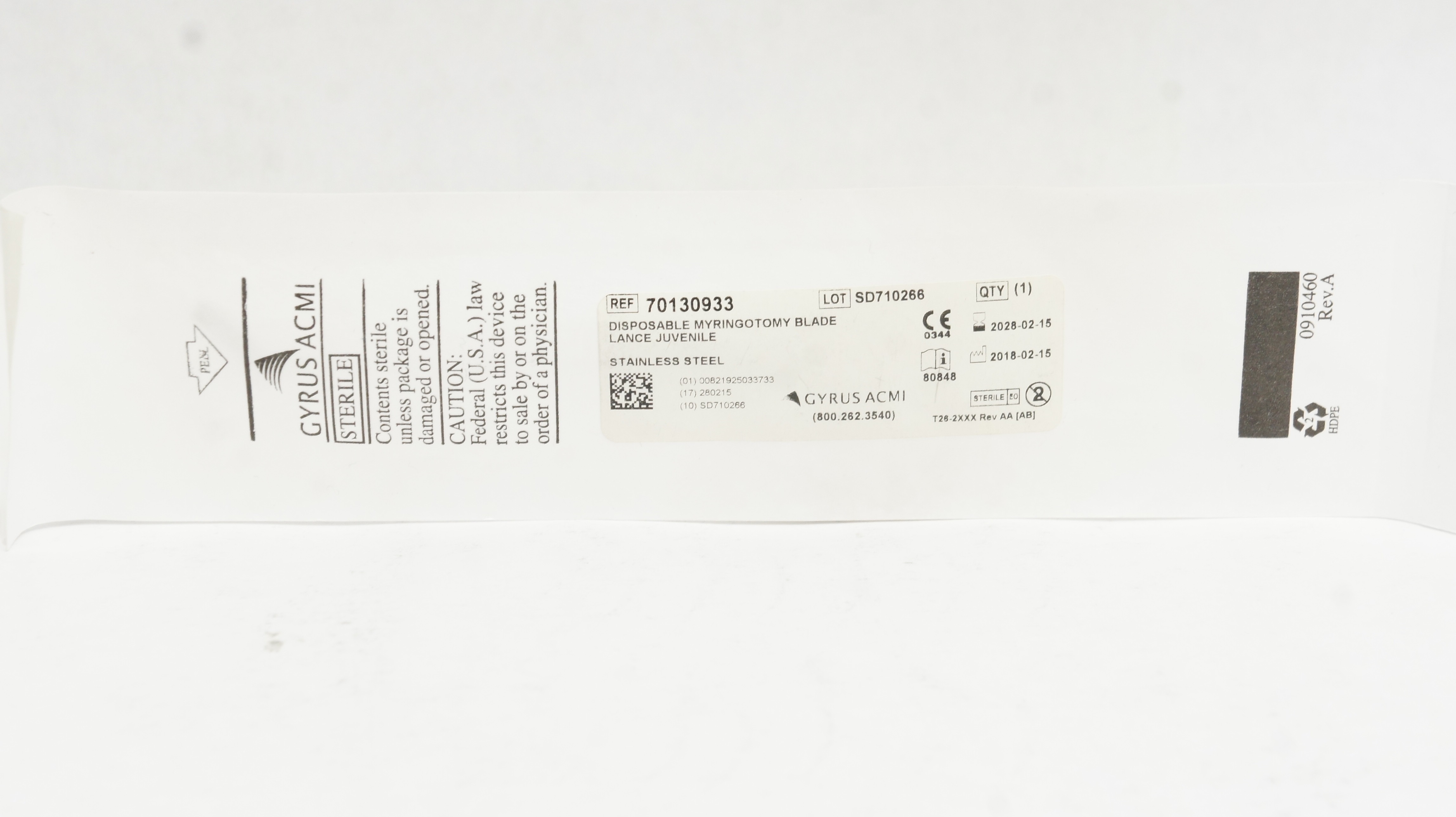 Gyrus ACMI 70130933 Disposable Myringotomy Blade Lance Juvenile