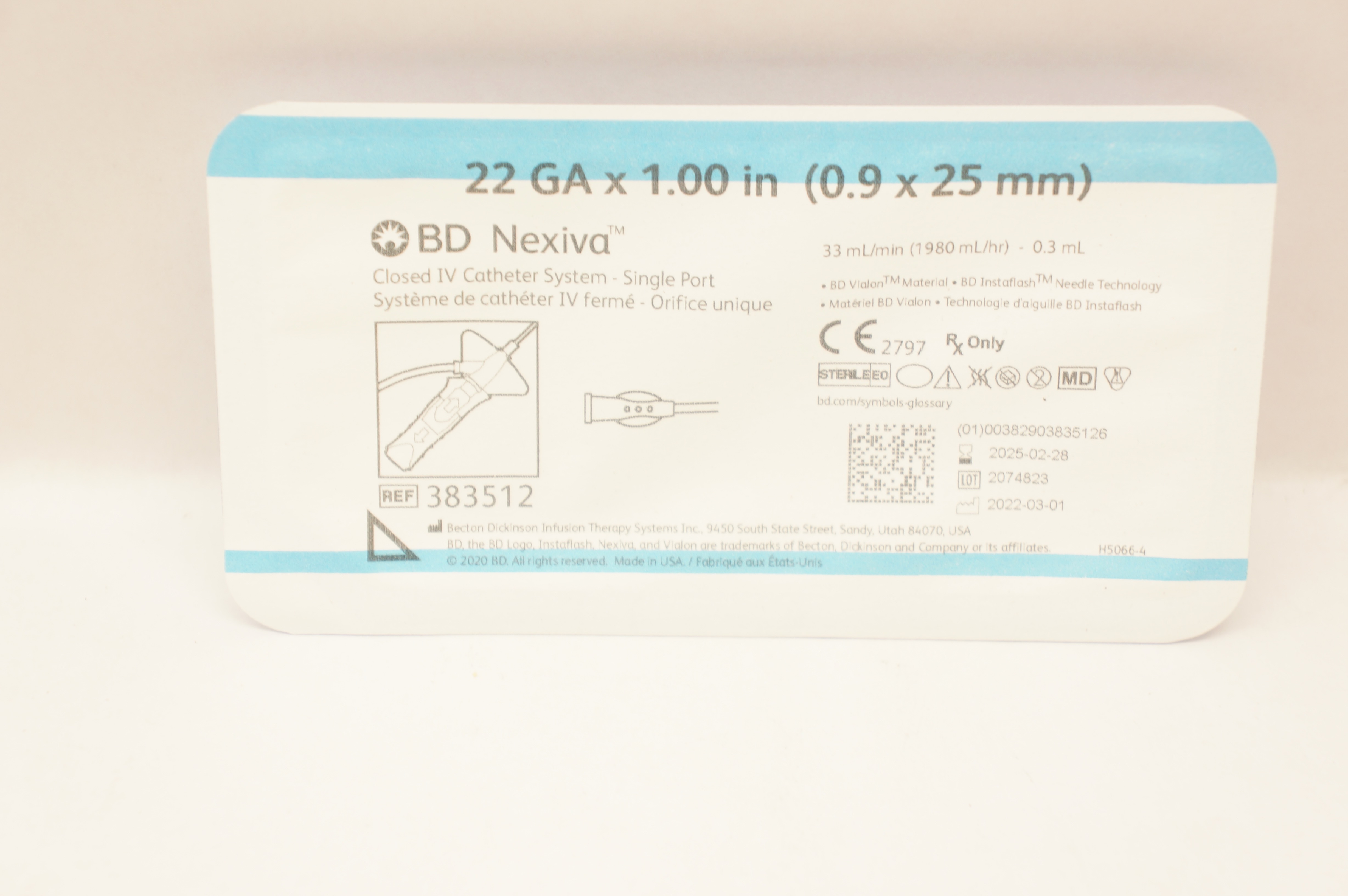 BD 383512 Nexiva Clodsed IV Cath. System - Single Port 22GA x 1.00inch