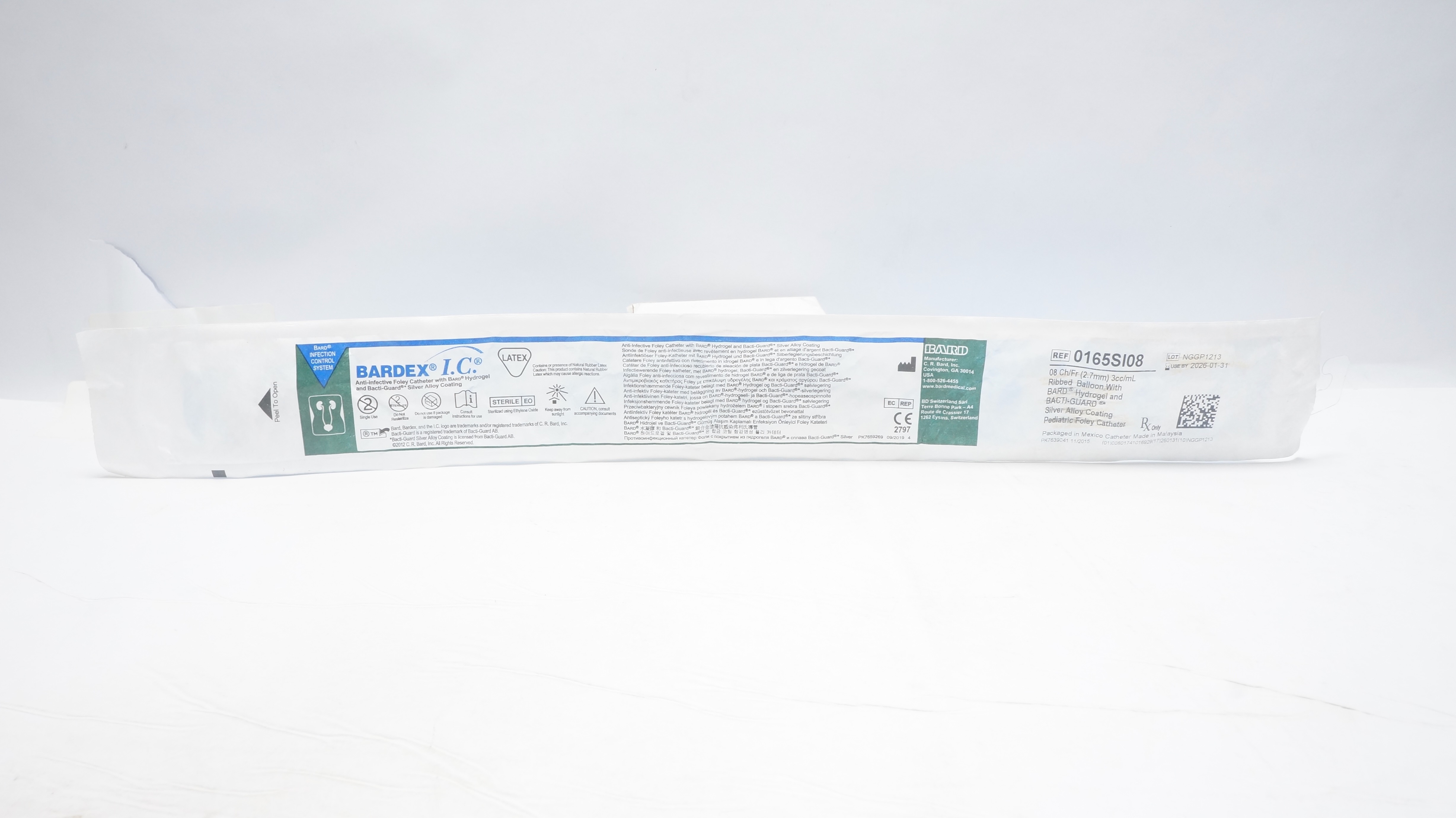 Bard 0165SI08 Bardex I.C. Anti-Infective Foley Cath. 8Ch/Fr 3cc Ribbed Balloon