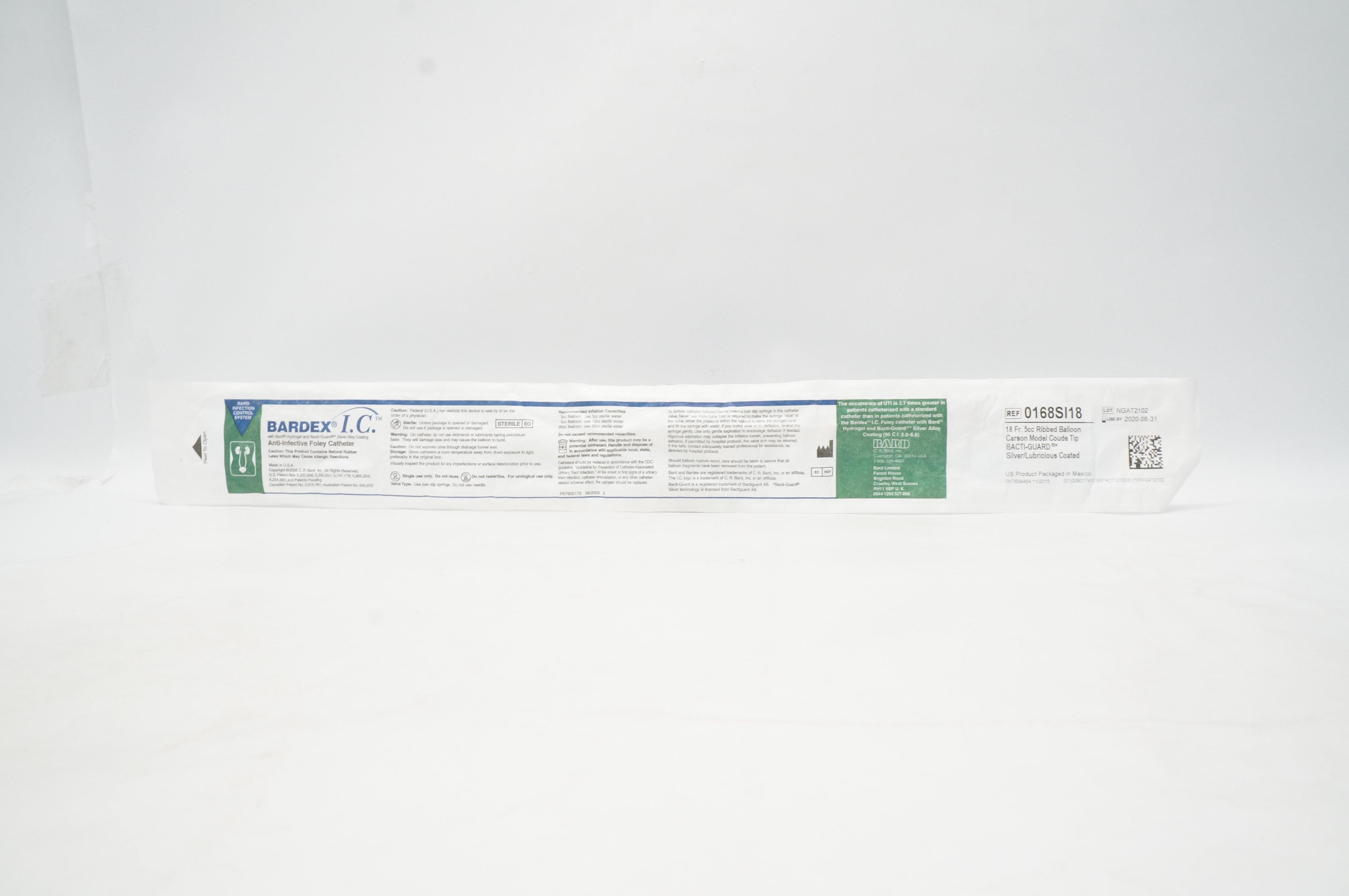Bard 0168SI18 Bardex I.C. Anti-Infective Foley Cath. 18Frx5cc Ribbed Balloon (x)