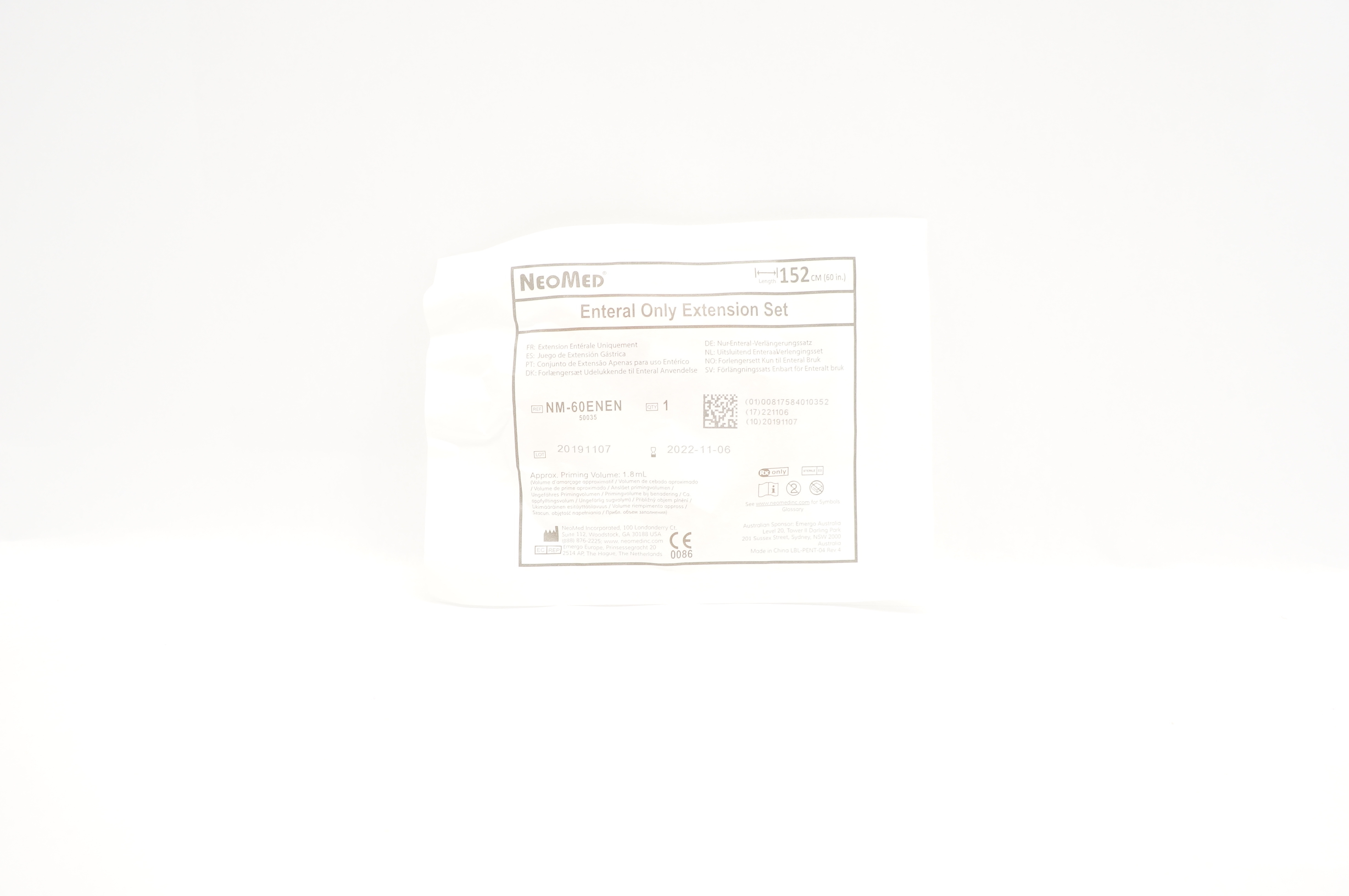 NeoMed NM-60ENEN Enteral Extension Set, Approx. Priming Volume 1.8mL, 60 inch