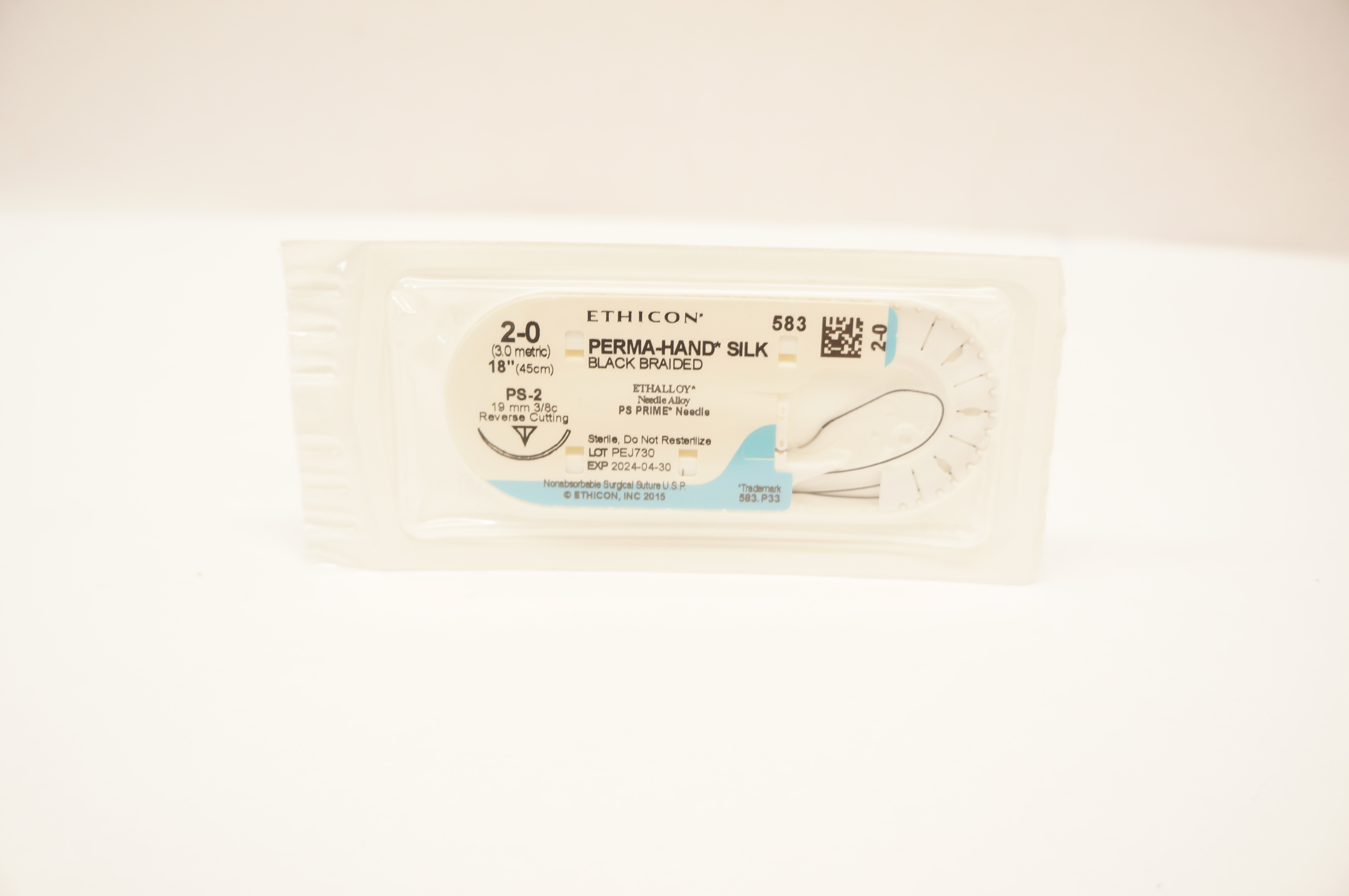 Ethicon 583 2-0 Perma-Hand Silk Stre PS-2 19mm 3/8c Reverse Cutting, 18inch