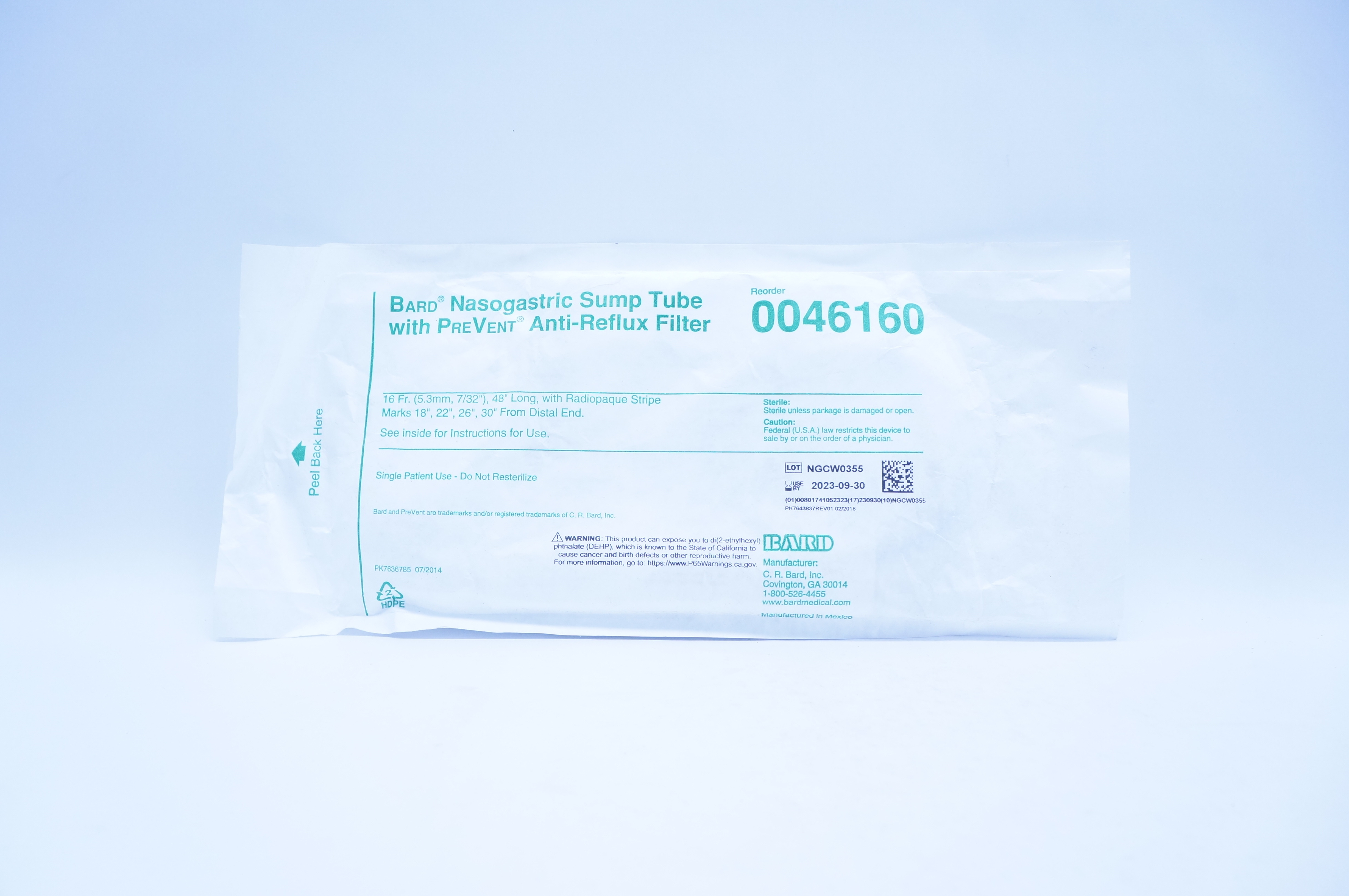 Bard 0046160 Nasogastric Sump Tube W/ PreVent Anti-Reflux Filter, 16Fr. x 48in.