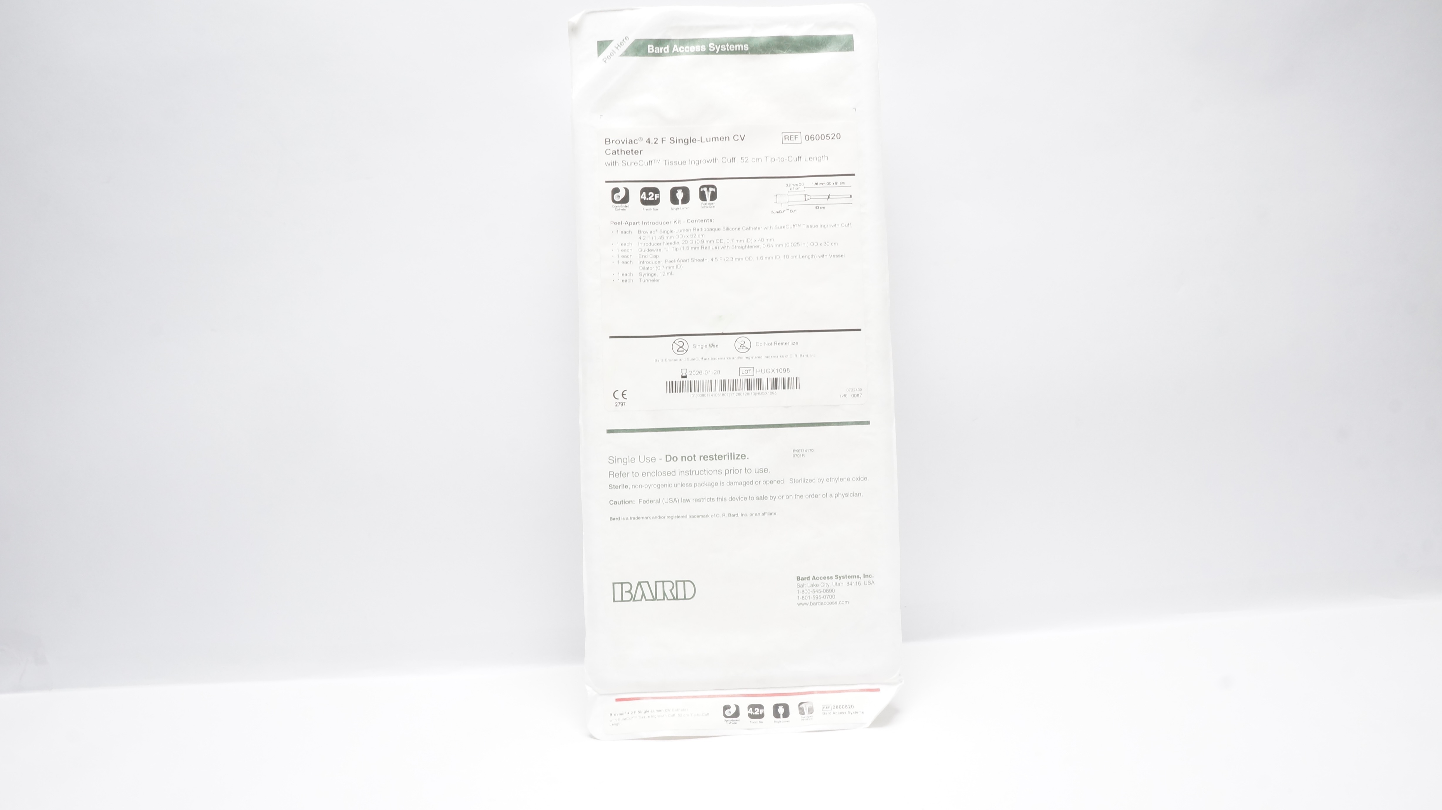 Bard 0600520 Broviac Single-Lumen CV Cath. 4.2F
