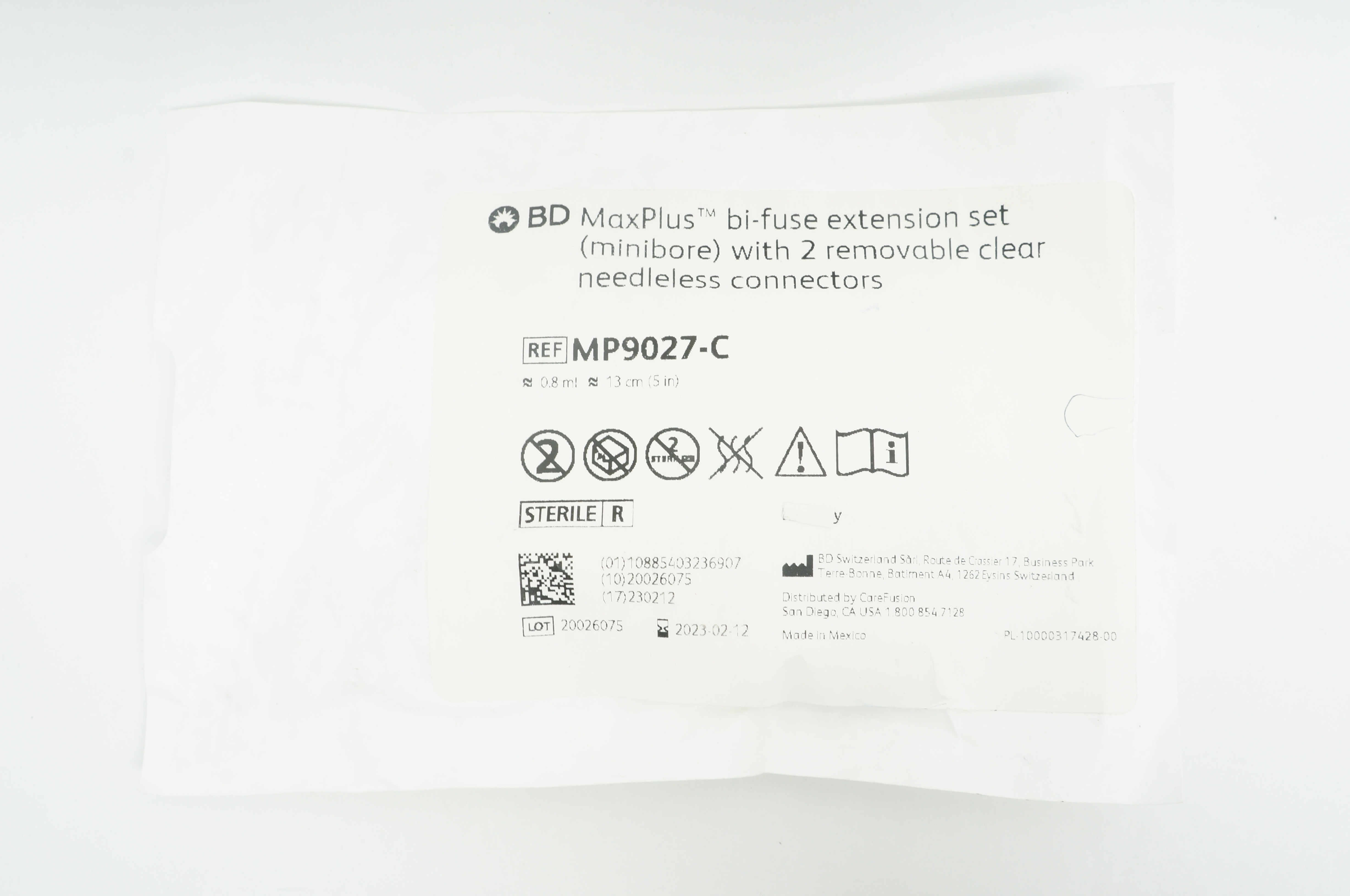 BD MP9027-C MaxPlus Bi-Fuse Extension Set W/2 Removable Connectors 0.8ml x 5inch