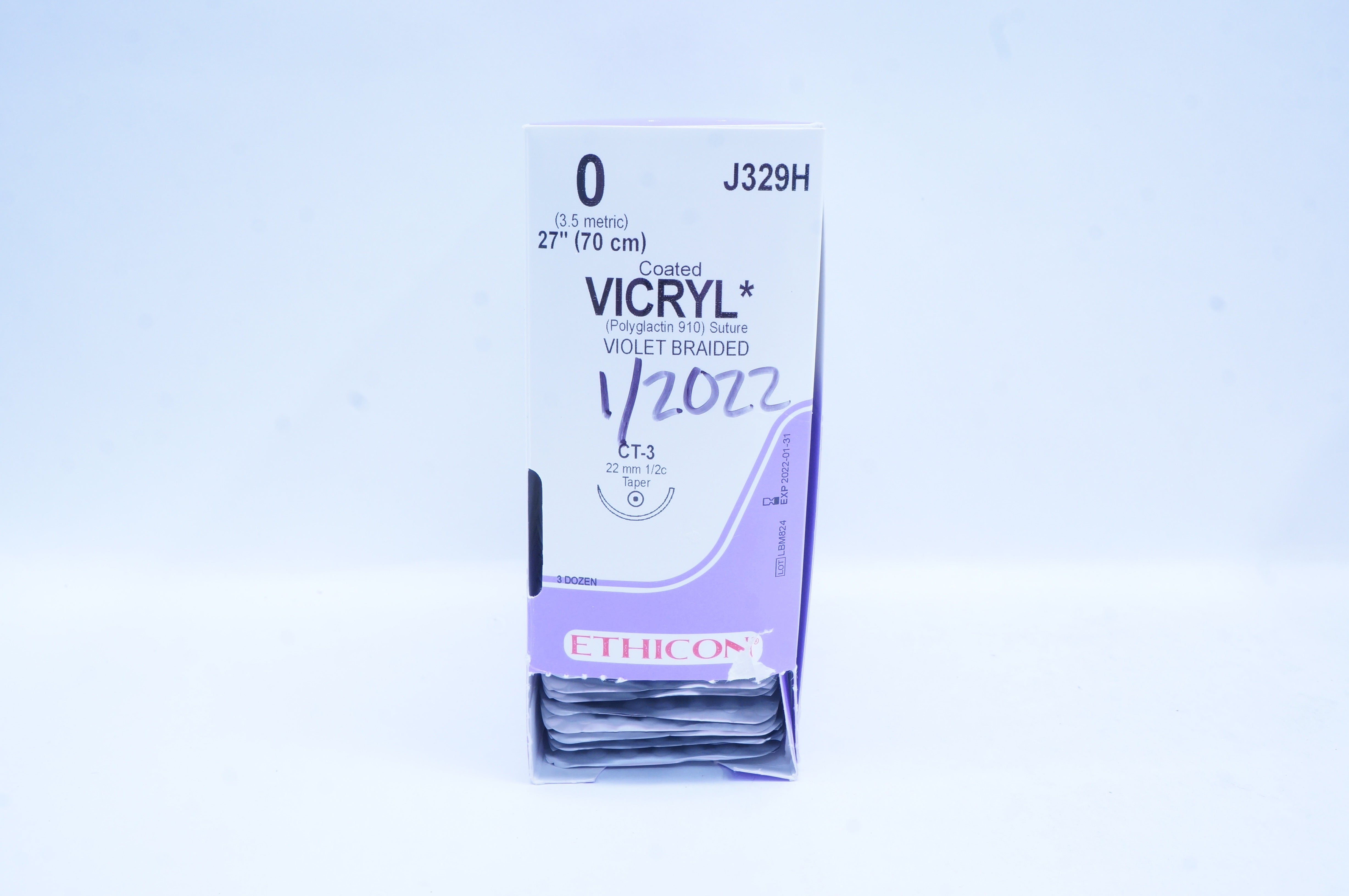 Ethicon J329H 0 Coated VICRYL Stre, CT-3 22mm 1/2c Taper, 27in. (x) - Box of 12