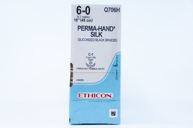 Ethicon Q706H 6-0 PERMA-HAND SILK, C-1, 13mm 3/8cm, 18inch ~ Pack of 36