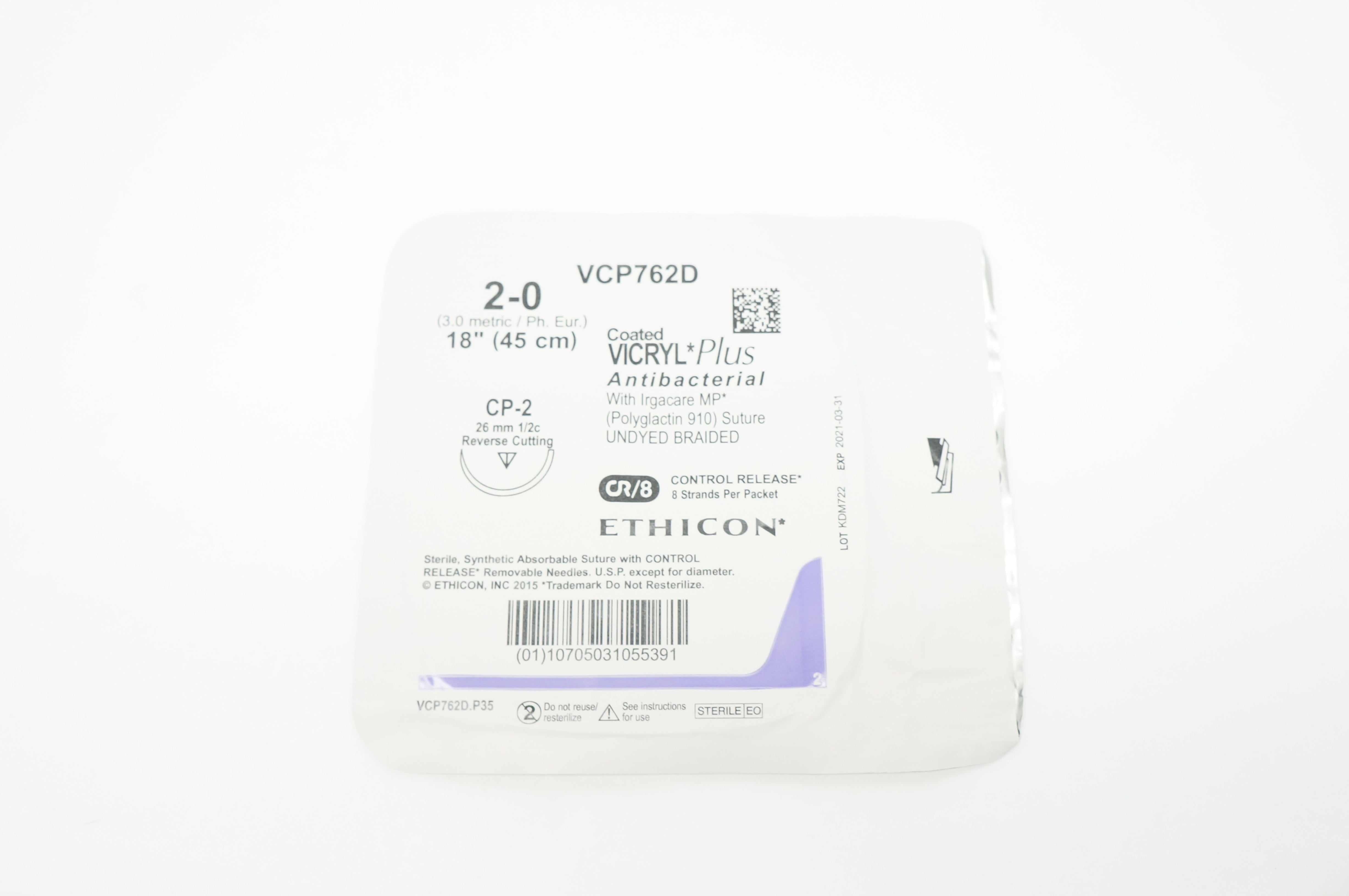 Ethicon VCP762D 2-0 VICRYL Plus CP-2 26mm 1/2c 18inch (x)