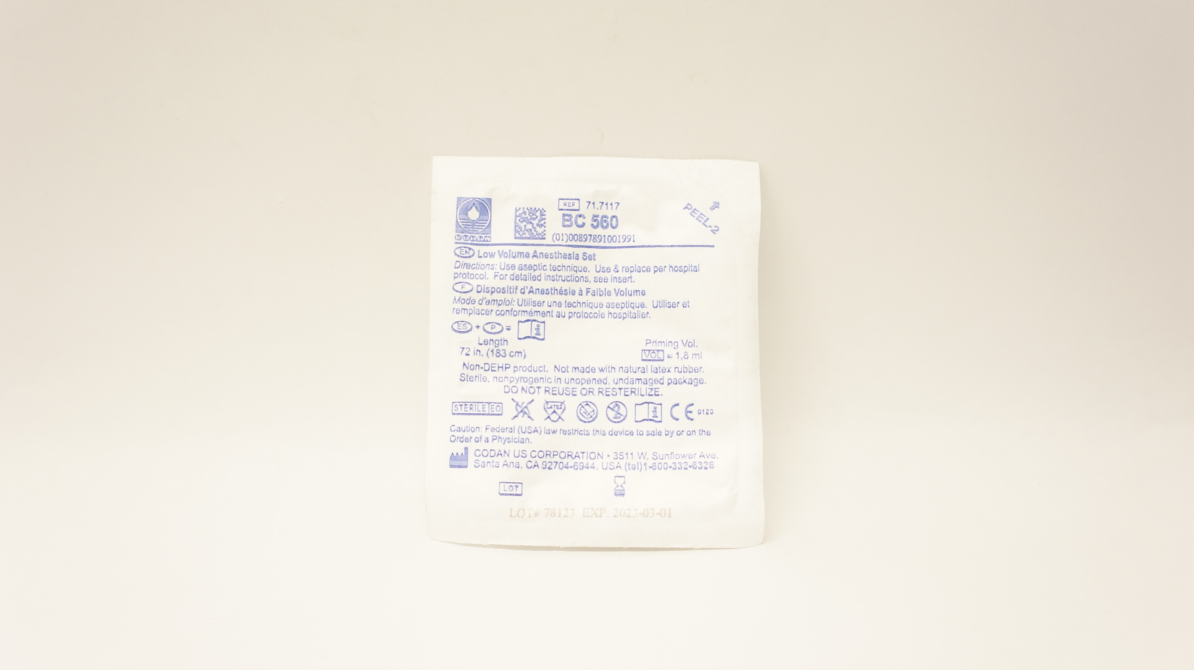 Codan 71.7117 BC 560 Low Volume Anesthesia Set 72inch x 1.8mL