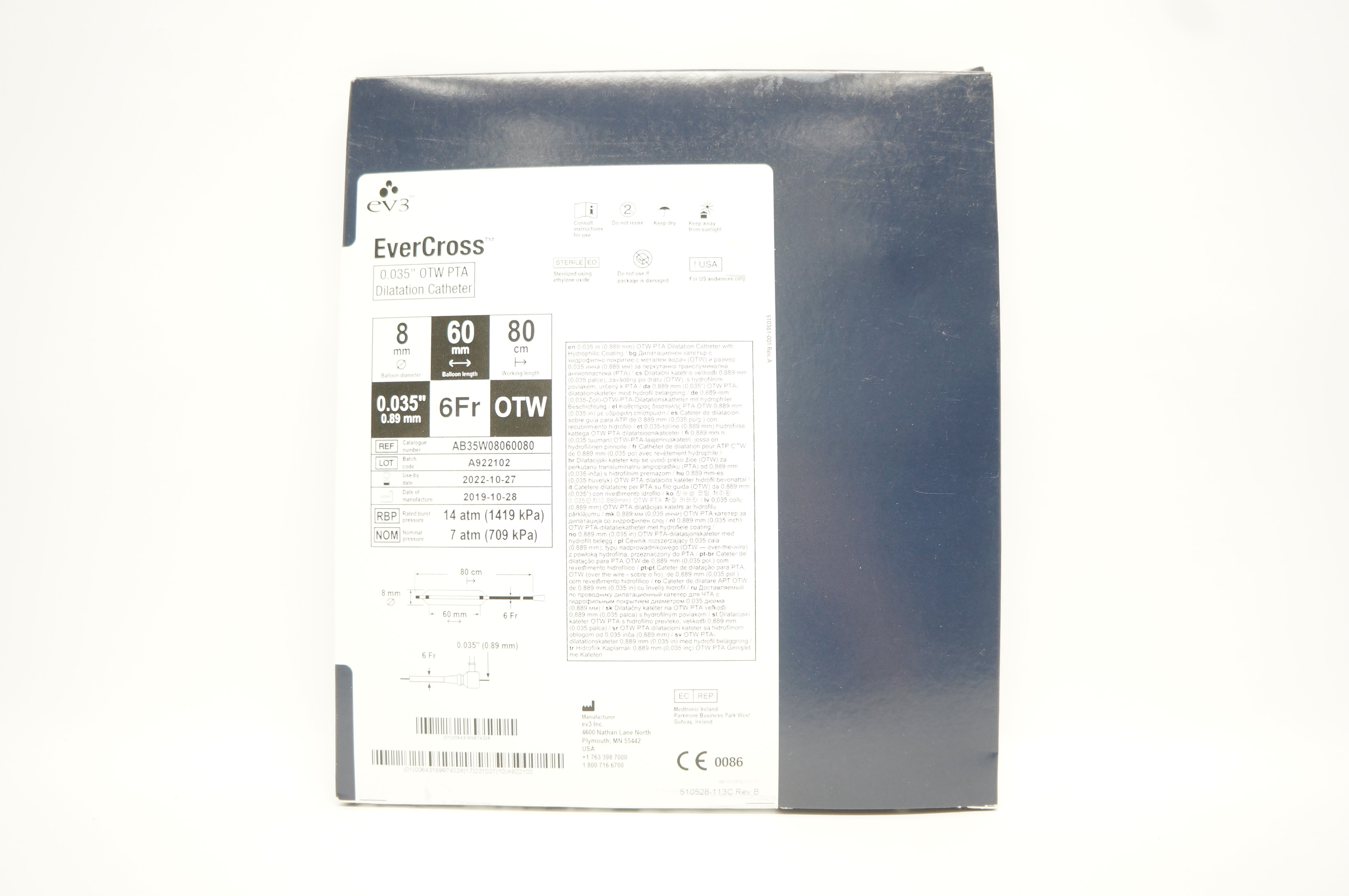 Ev3 AB35W08060080 EverCross 0.035inch OTW PTA Dilatation Cath. 8mm x 60mm