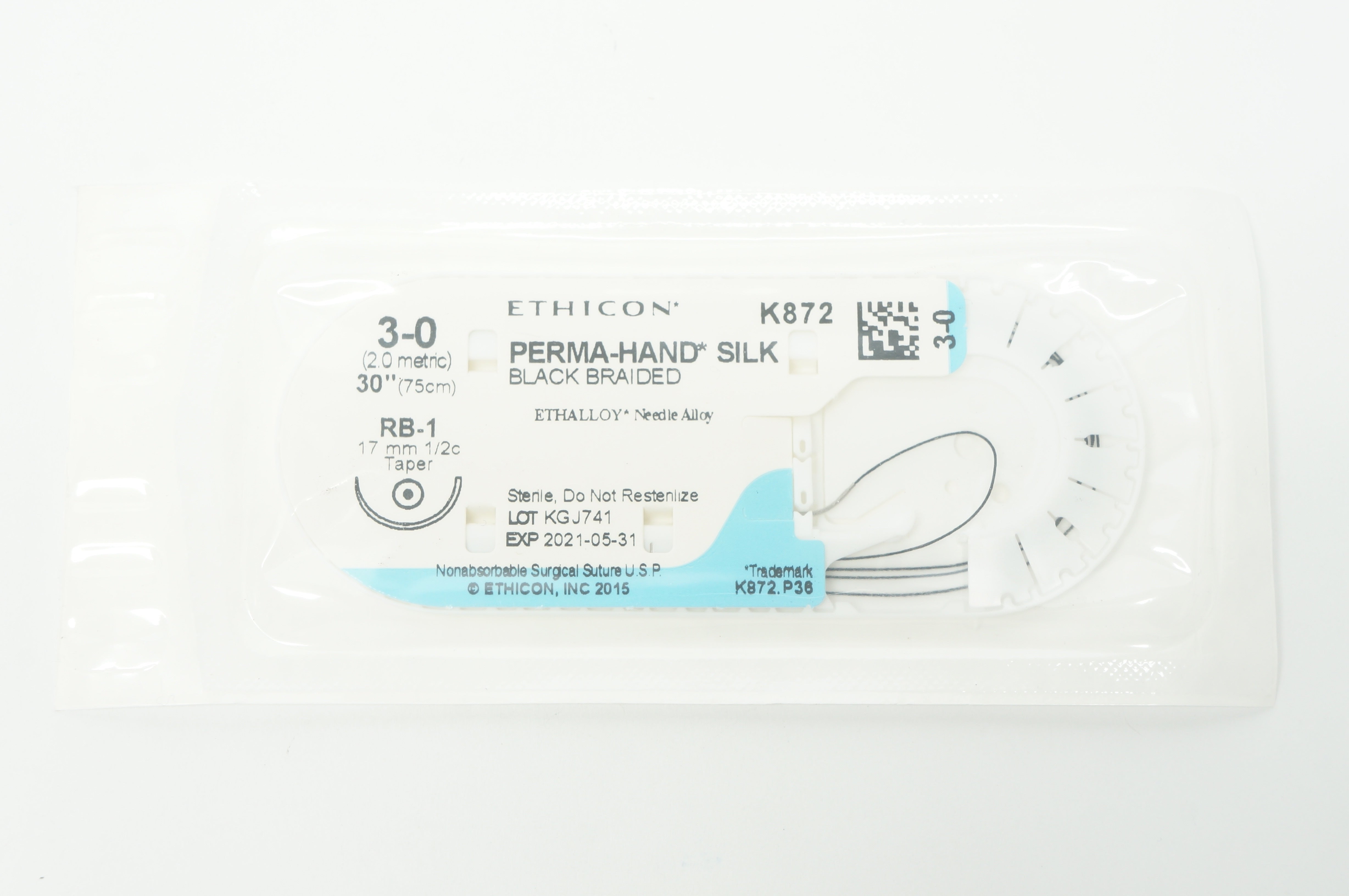 Ethicon K872 3-0 PERMA-HAND Silk, RB-1, 17mm 1/2c Taper, 30inch