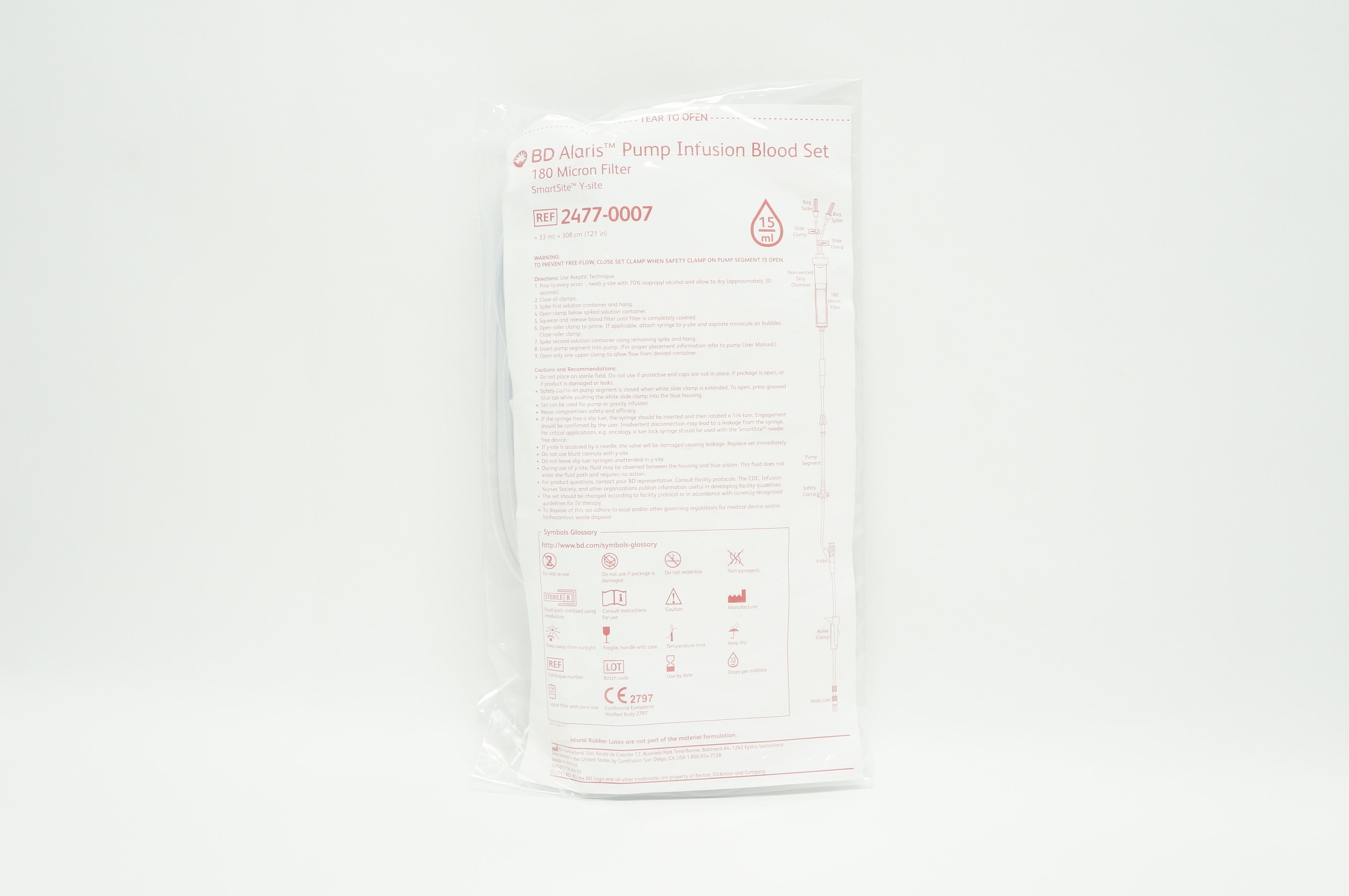 BD 2477-0007 Alaris Pump Infusion Blood Set 180 Micron Filter 33ml x 121inch (x)