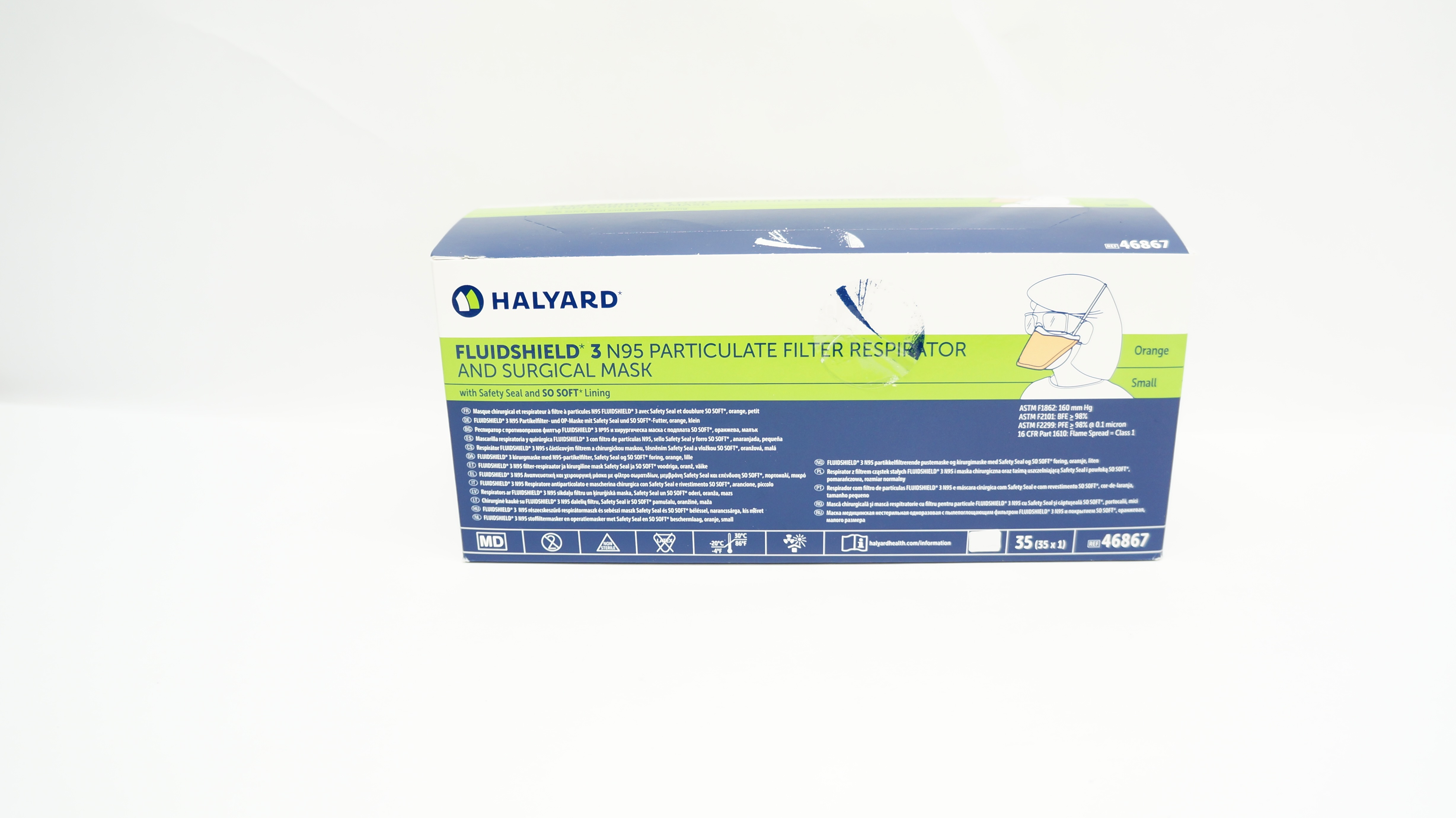 Halyard 46867 Fluidshield 3 N95 Particulate Filter Respirator Small - Box of 35