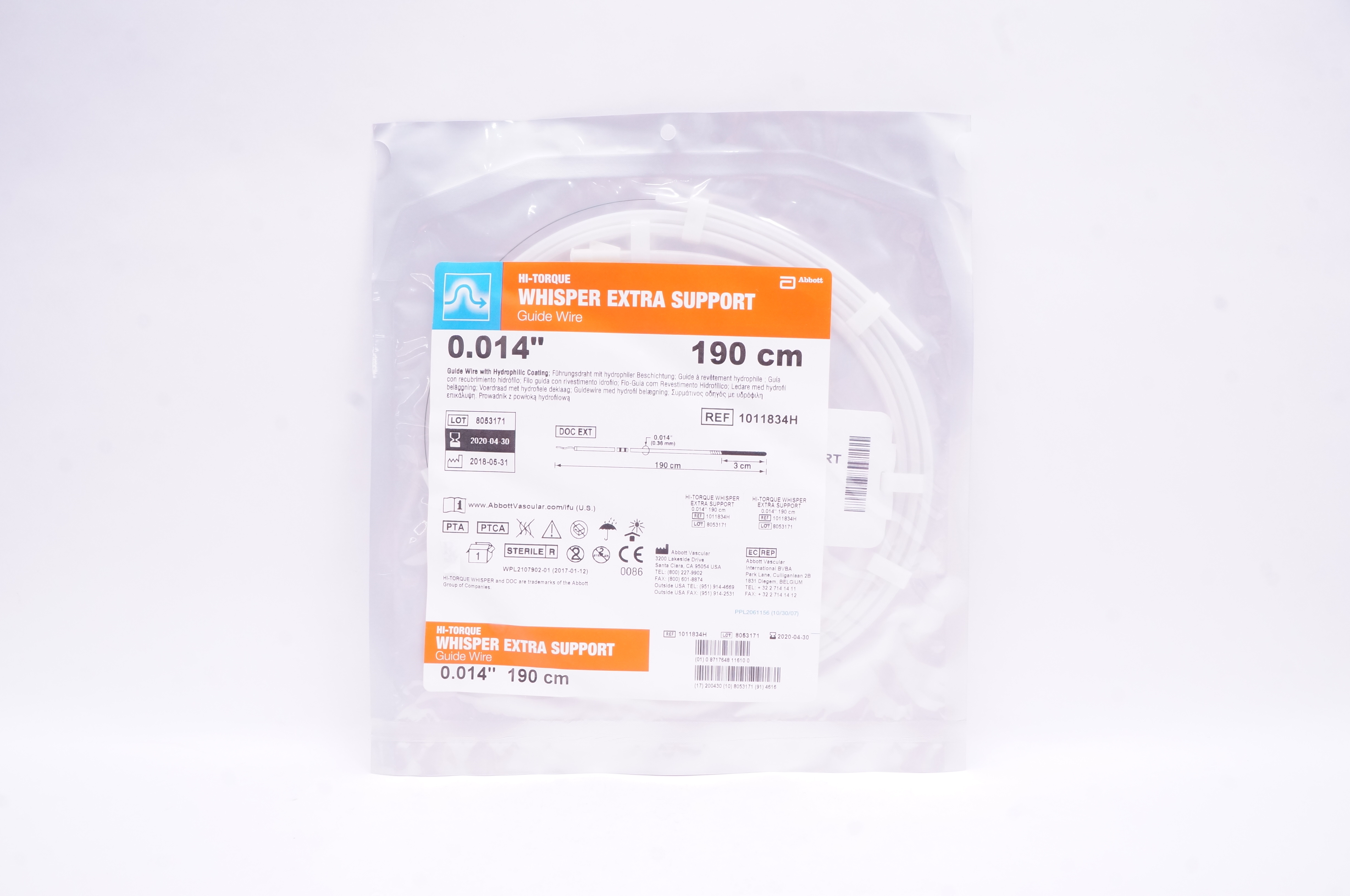 Abbott 1011834H Hi-Torque Whisper Extra Support Guide Wire 0.014inch x 190cm (x)
