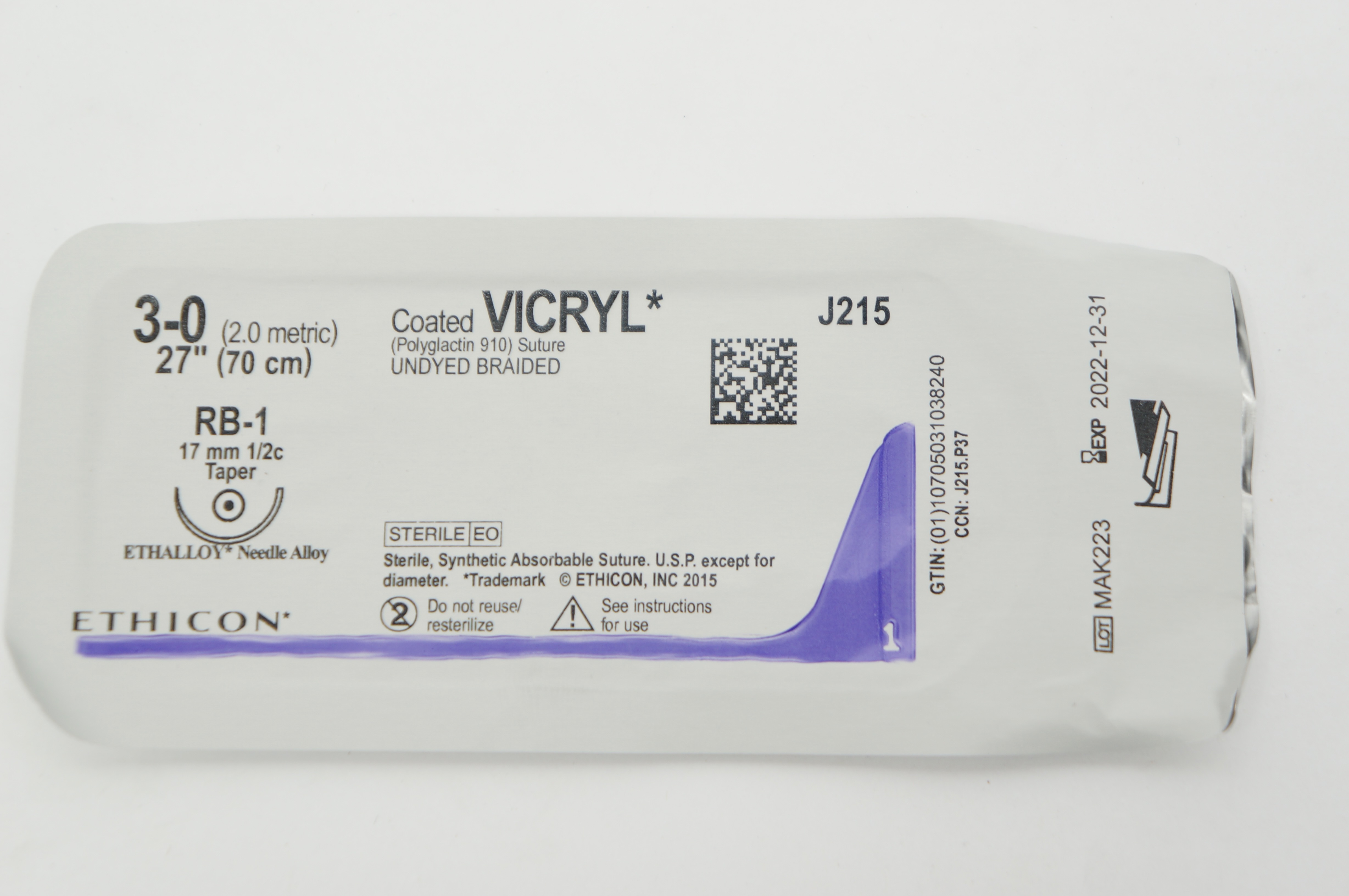 Ethicon J215 3-0 Coated VICRYL, RB-1, 17mm 1/2c Taper, 27inch
