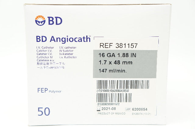BD 381157 Angiocath I.V. Cath. 16Ga 1.88inch 147ml (x) - Box of 50