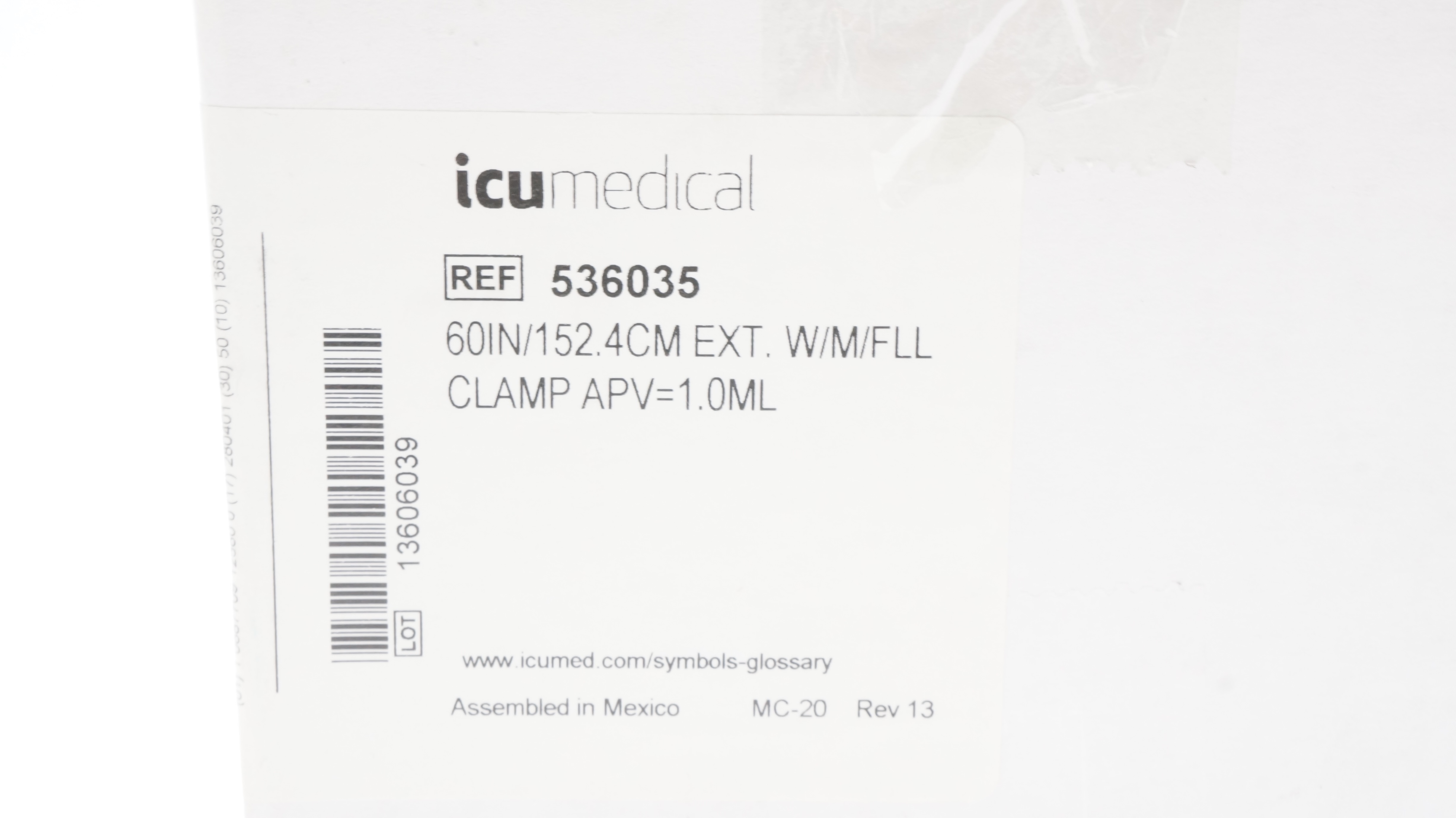 ICU Medical 536035 60inch Extension W/M/FLL Clamp APV=1.0mL - Box of 50