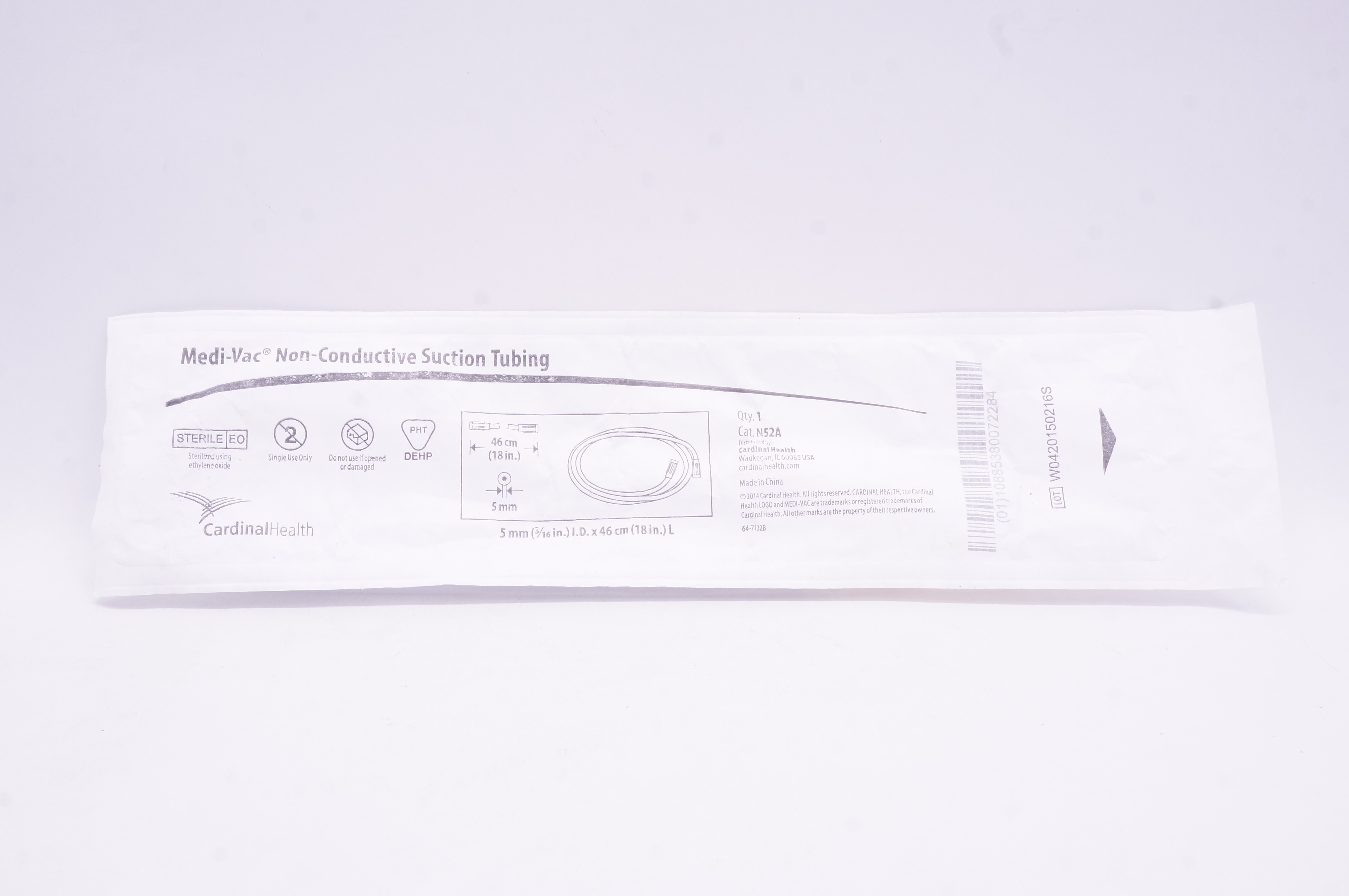 Cardinal Health N52A Medi-Vac Non-Conductive Suction Tubing 5mm x 46cm