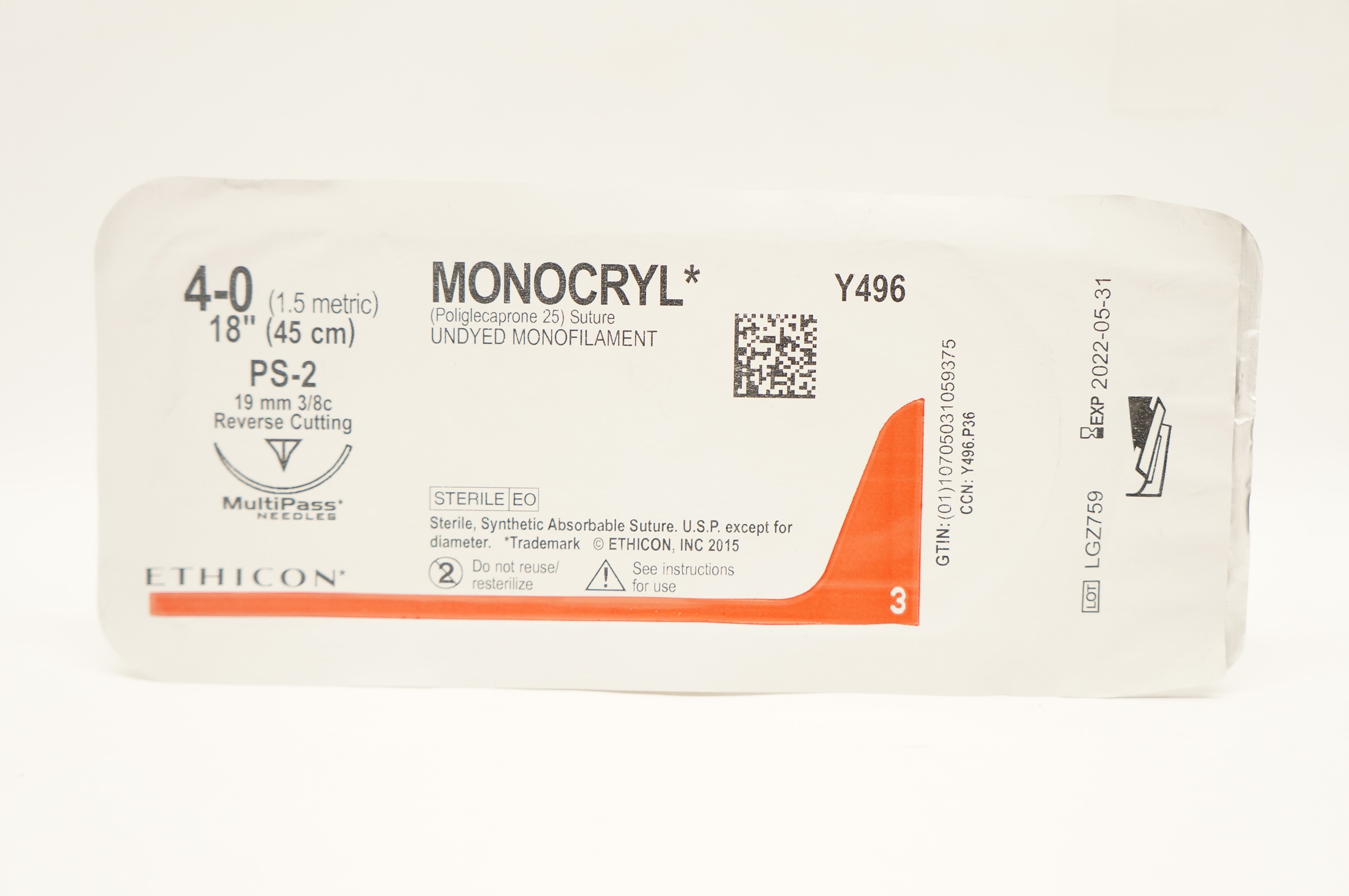 Ethicon Y496 4-0 MONOCRYL Stre PS-2, 19mm 3/8c Reverse Cutting, 18inch