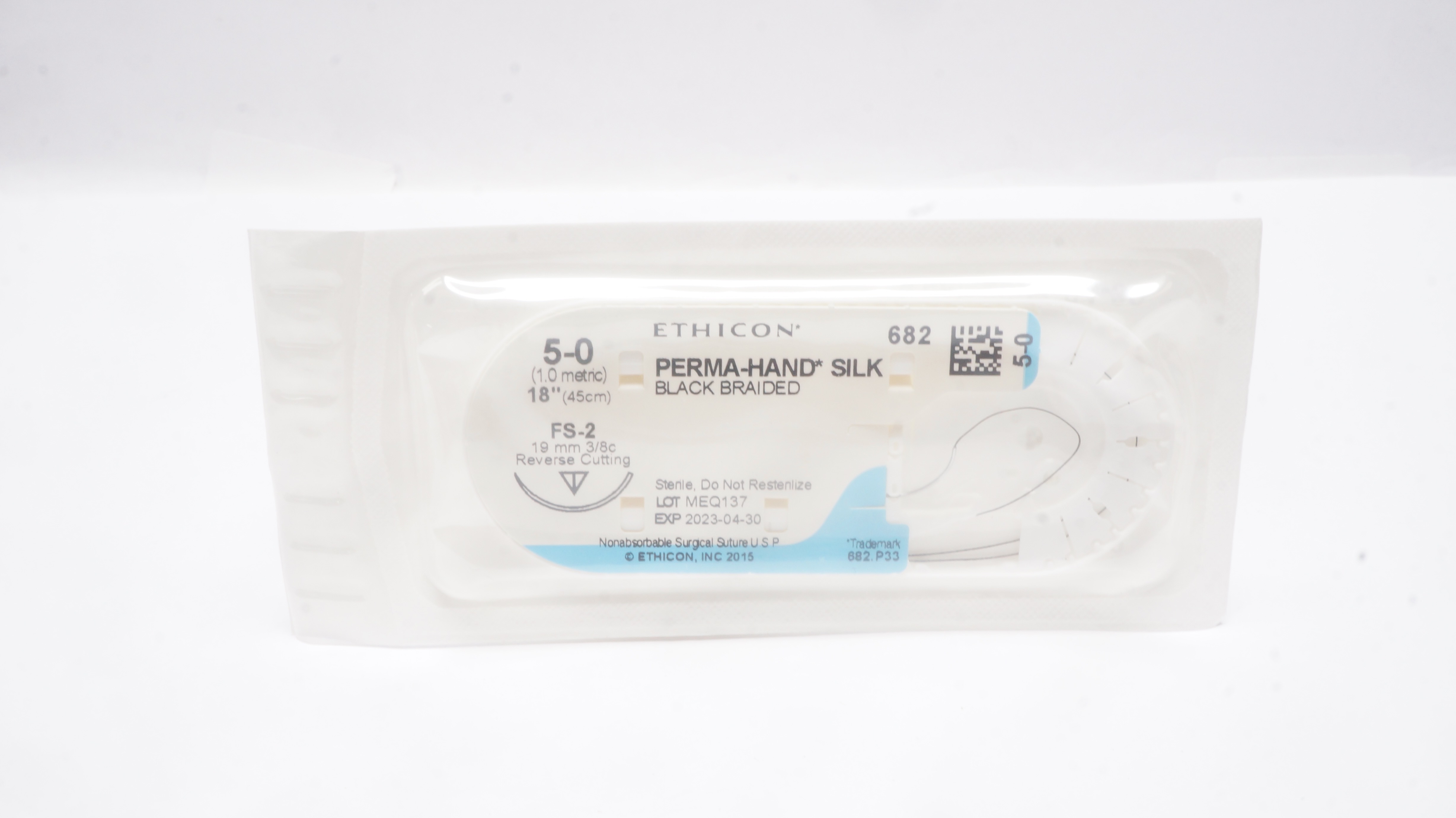 Ethicon 682 5-0 PERMA-HAND SILK, FS-2, 19mm 3/8c Reverse Cutting, 18inch (x)