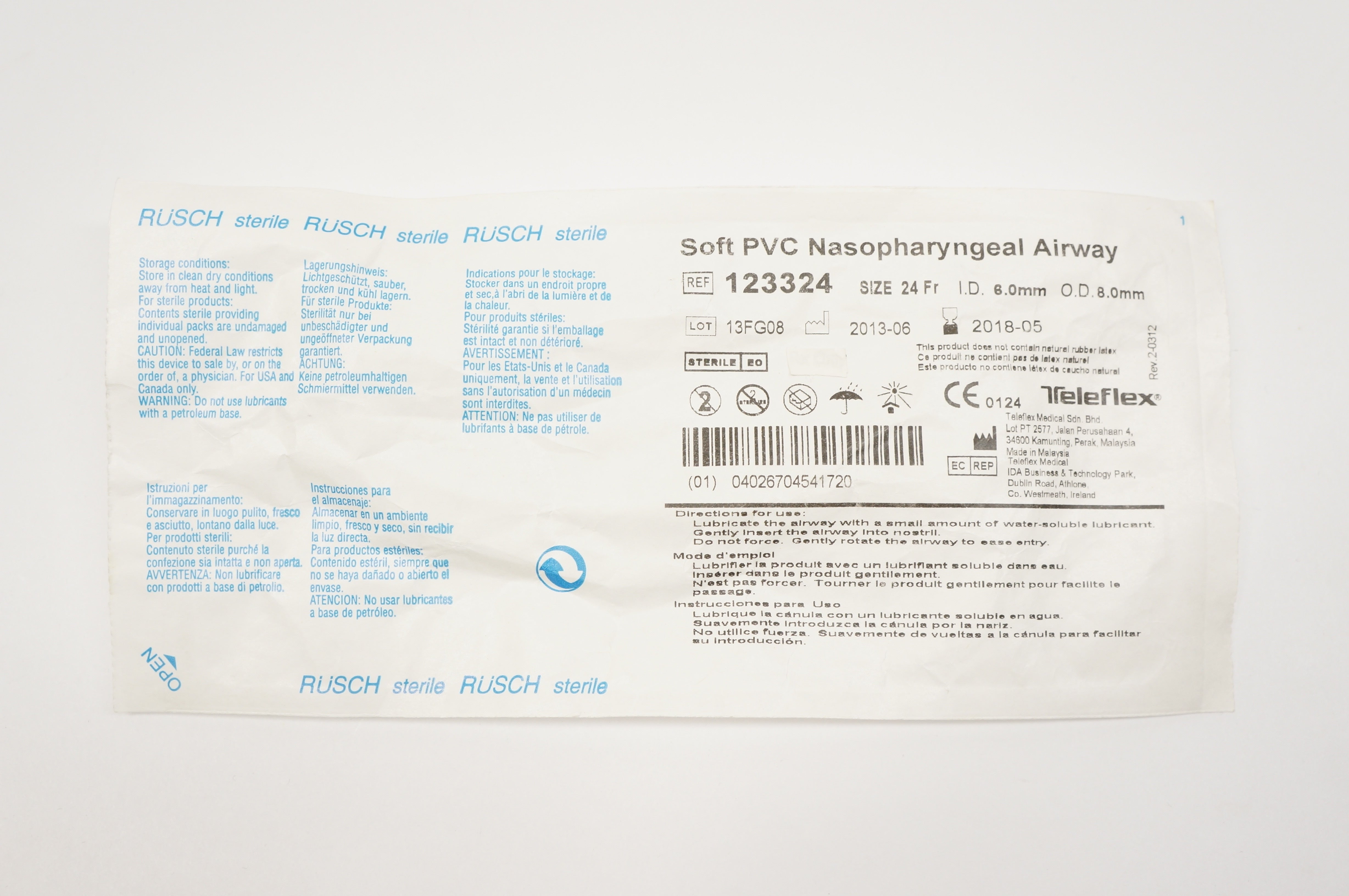 Teleflex 123324 Soft PVC Nasopharyngeal Airway 24Fr. ID 6.0mm OD 8.0mm (x)