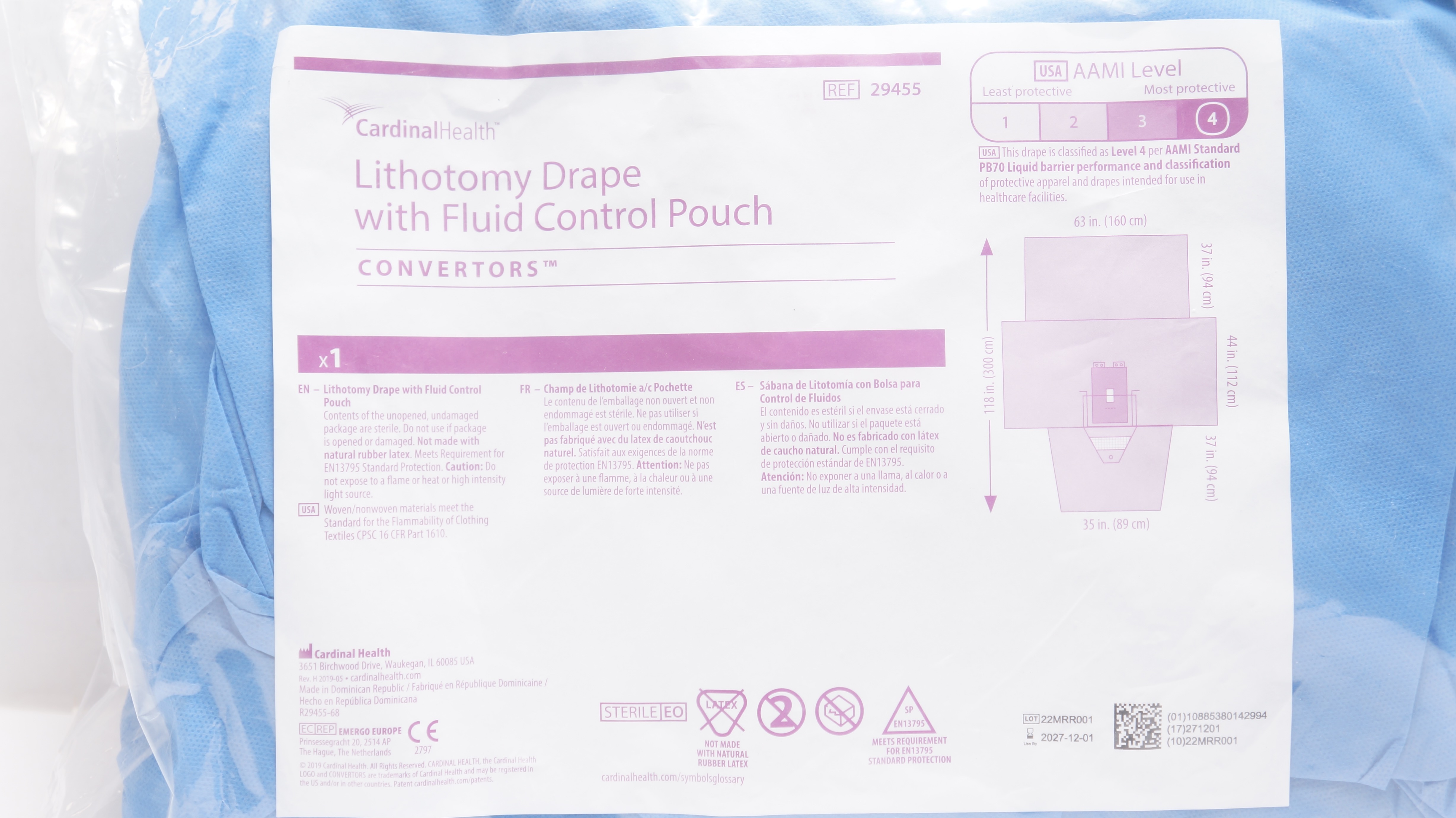 Cardinal Health 29455 Convertors Lithotomy Drape AAMI Level 4, 118inch