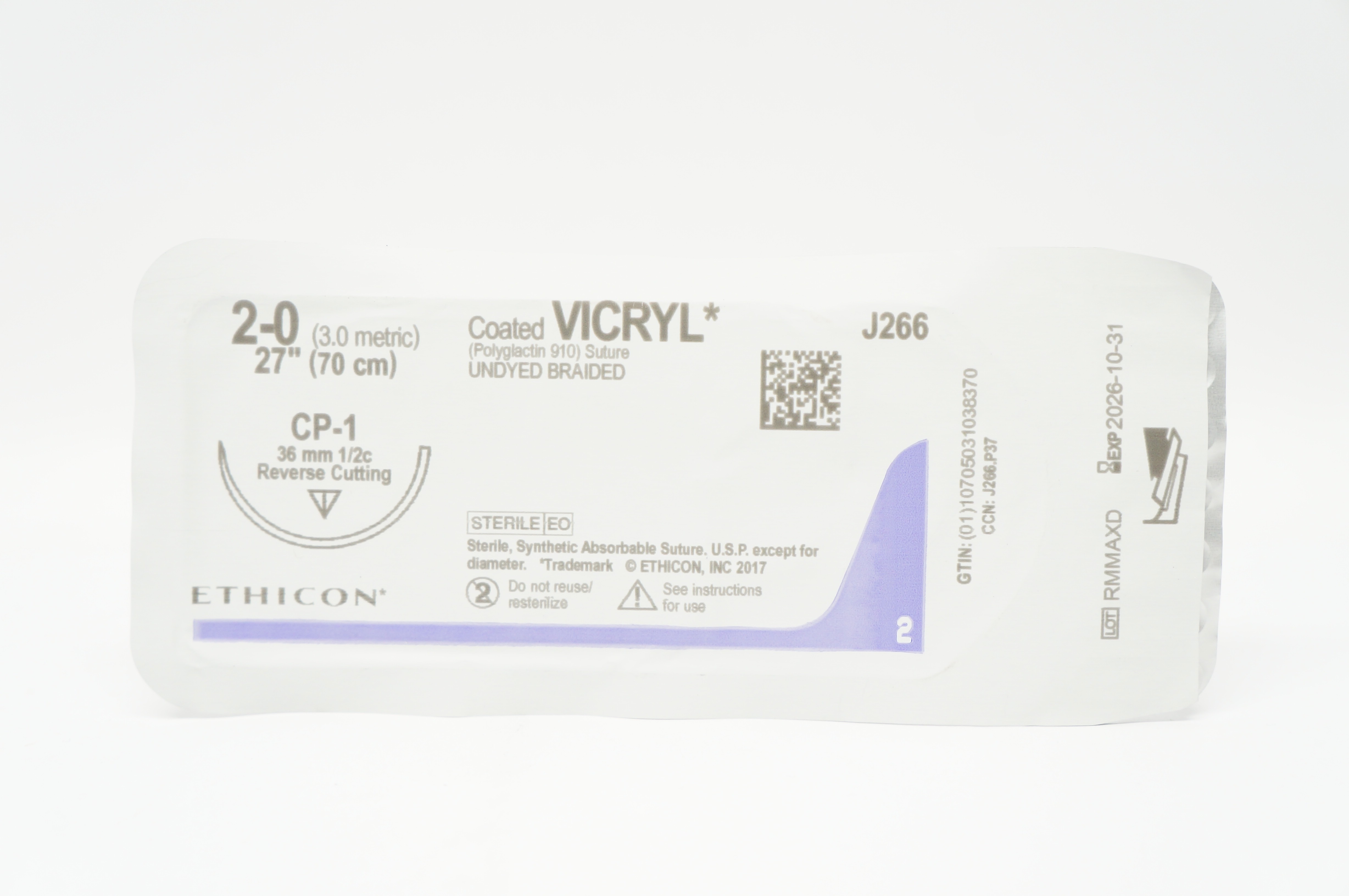 Vic Ryp Ethicon J266 2-0 VICRYL, CP-1, 36mm 1/2c Reverse Cutting, 27inch