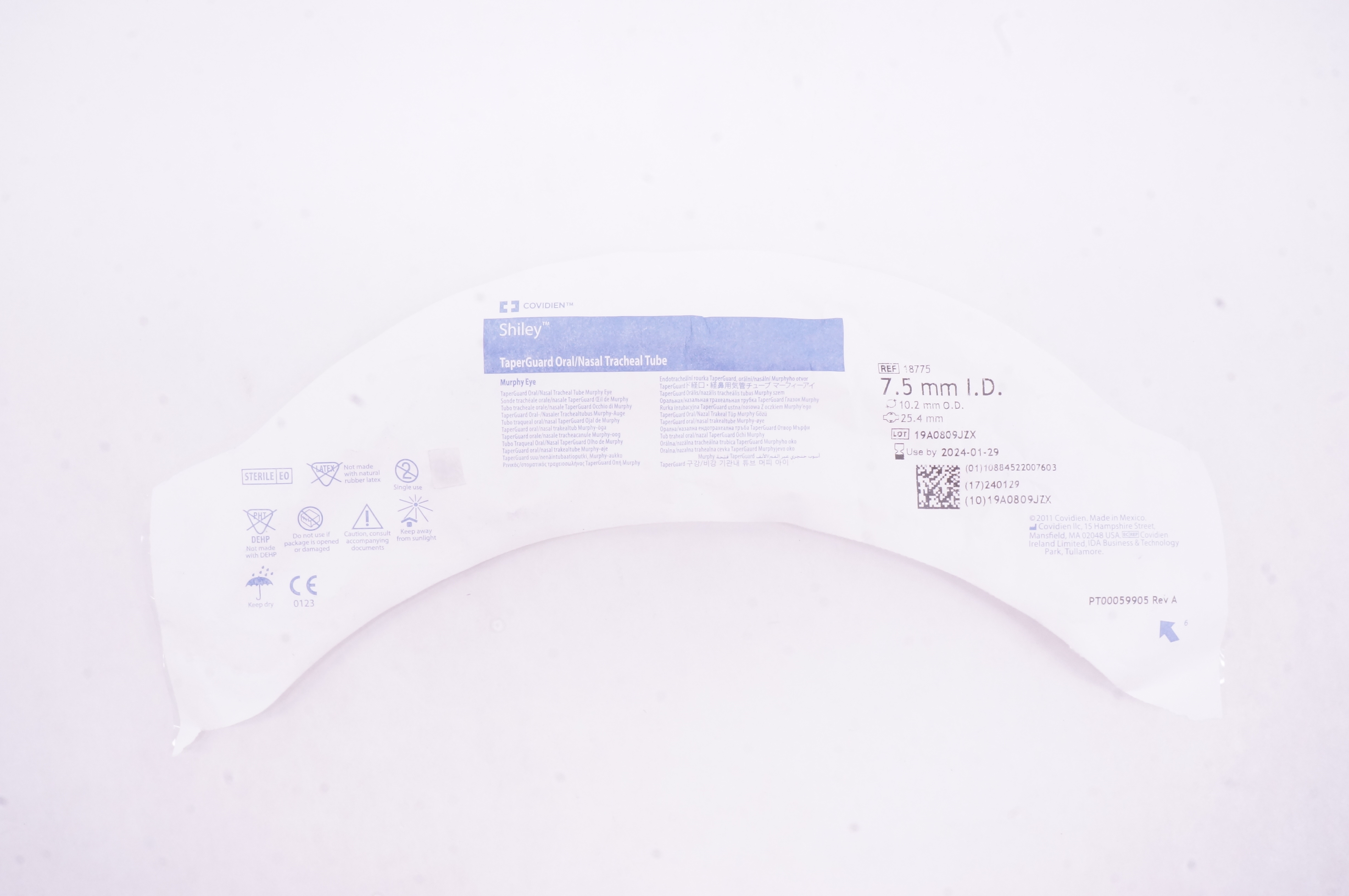 Covidien 18775 Shiley TaperGuard Oral/Nasal Tracheal Tube 7.5mm ID, 10.2mm OD