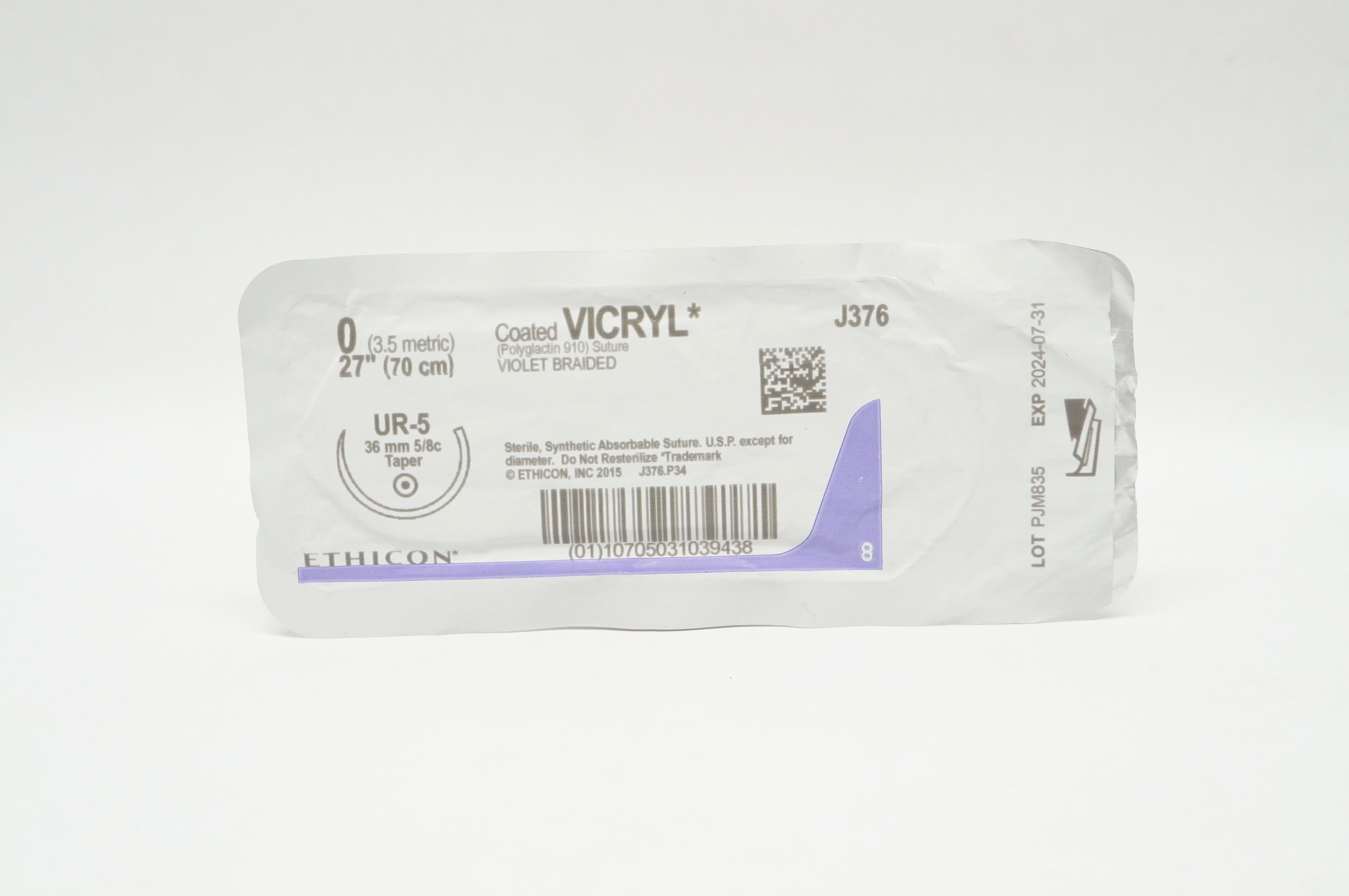 Ethicon J376 0 Coated VICRYL Polyglactin 910 Stre UR-5 36mm 5/8c Taper, 27inch