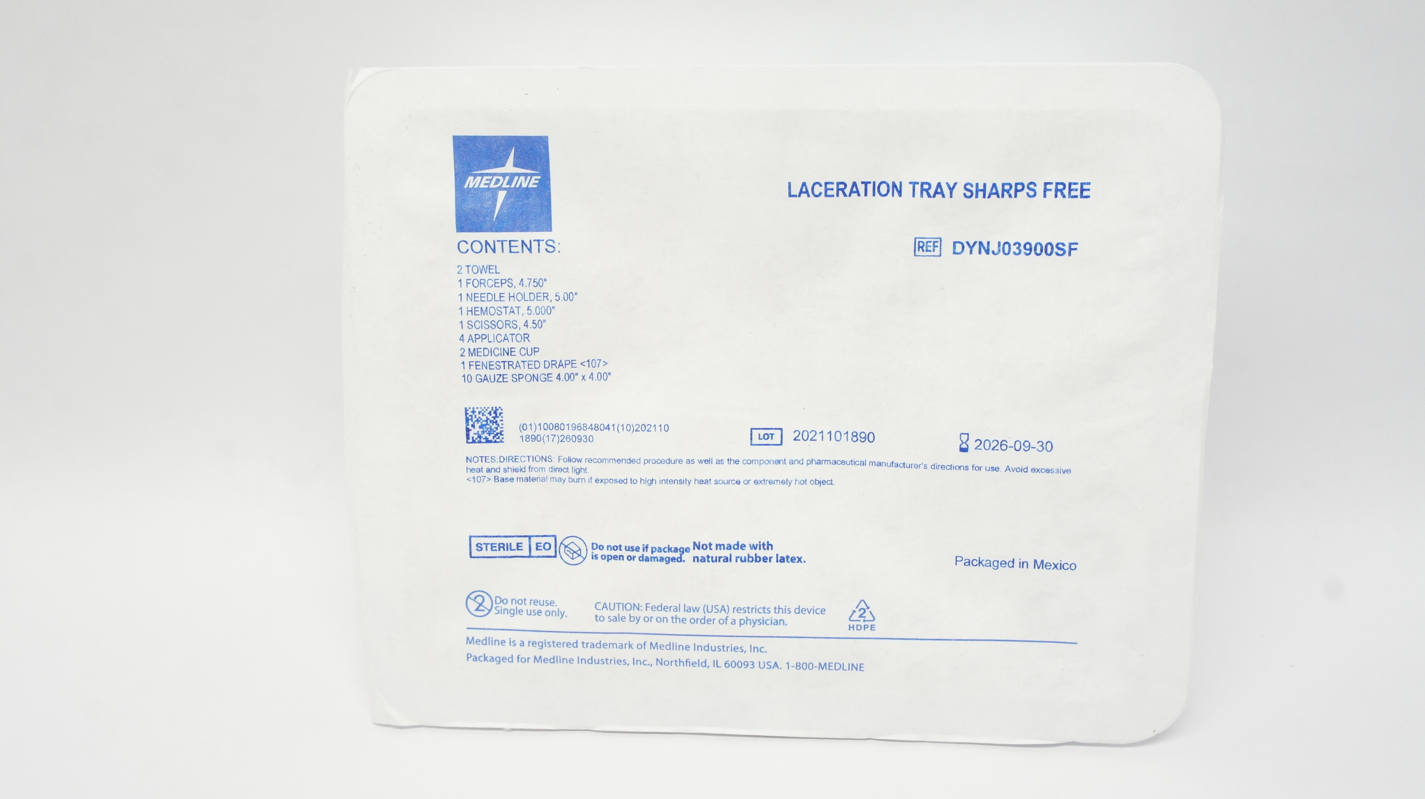 Medline DYNJ03900SF Laceration Tray Sharps Free