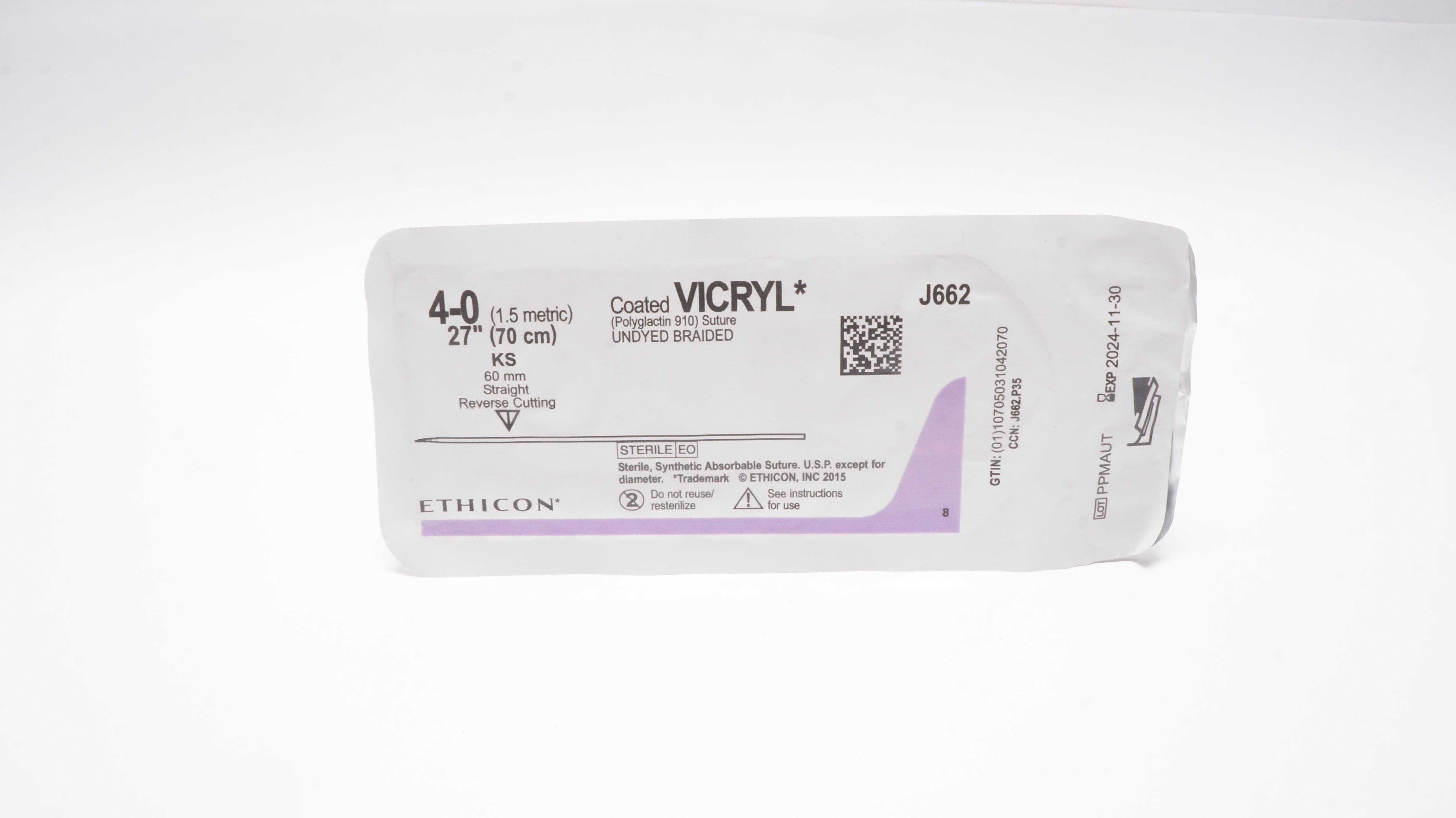 Ethicon J662  4-0 Coated VICRYL, KS, 60mm Reverse Cutting, 27Inch