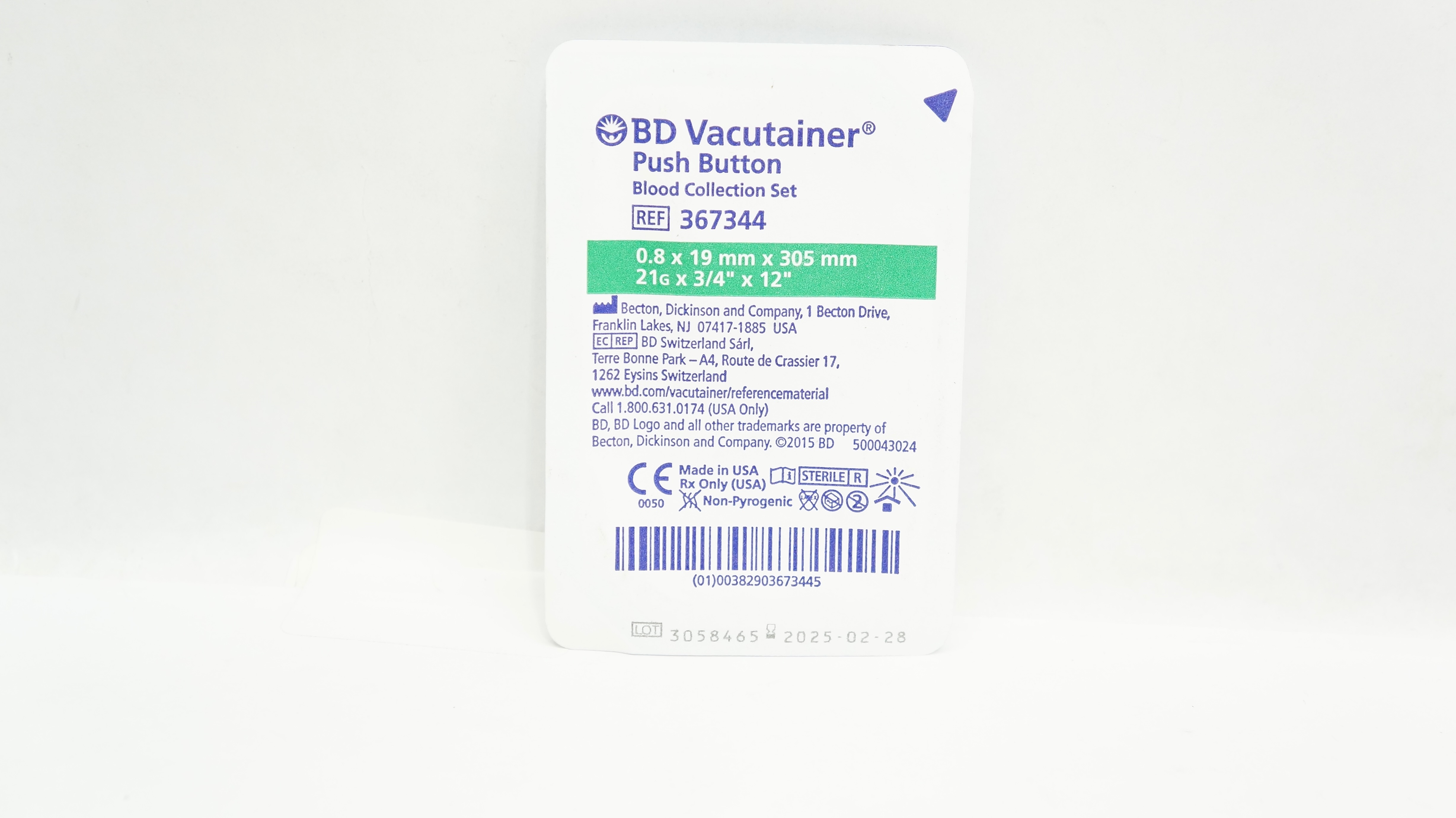 BD 367344 Vacutainer Push Button Blood Collection Set 21G x 3/4inch x 12inch