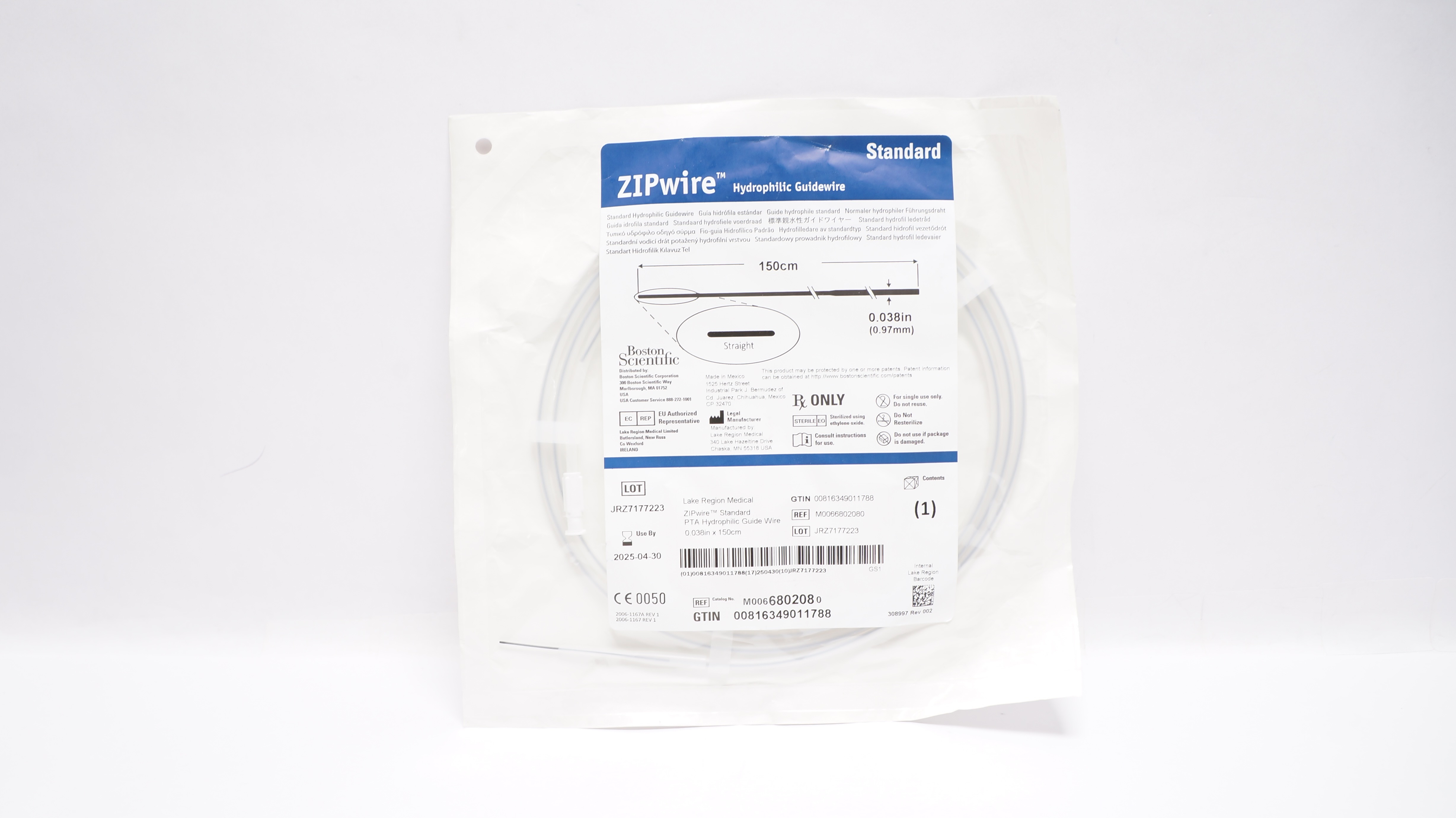 Boston Scientific 680208 ZIPwire Hydrophilic Guidewire, Straight Tip