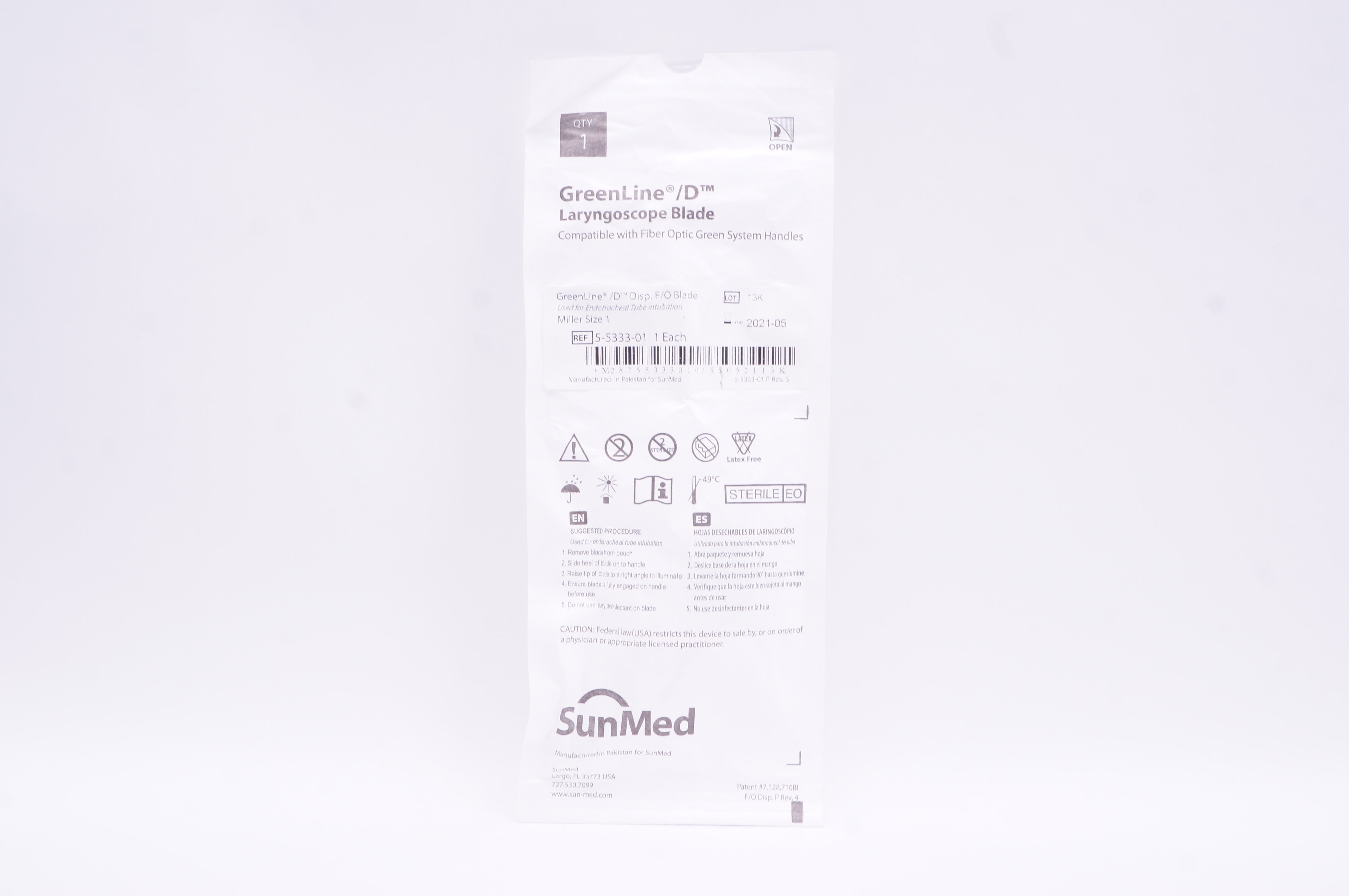 SunMed 5533301 GreenLine D Laryngoscope Blade Size 1