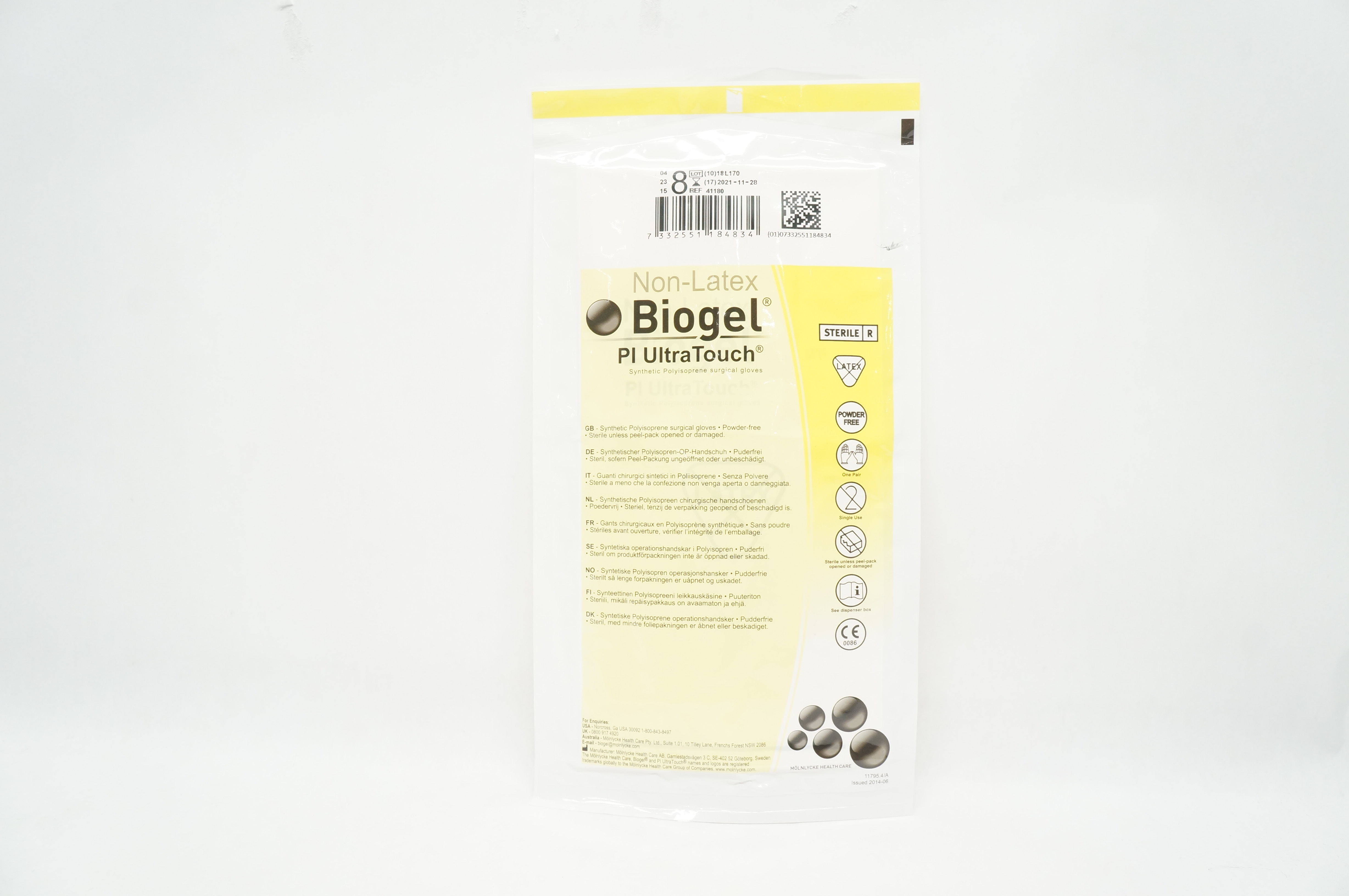 Molnlycke Healthcare 41180 Biogel Pl UltraTouch Surgical Gloves Size 8 (x)