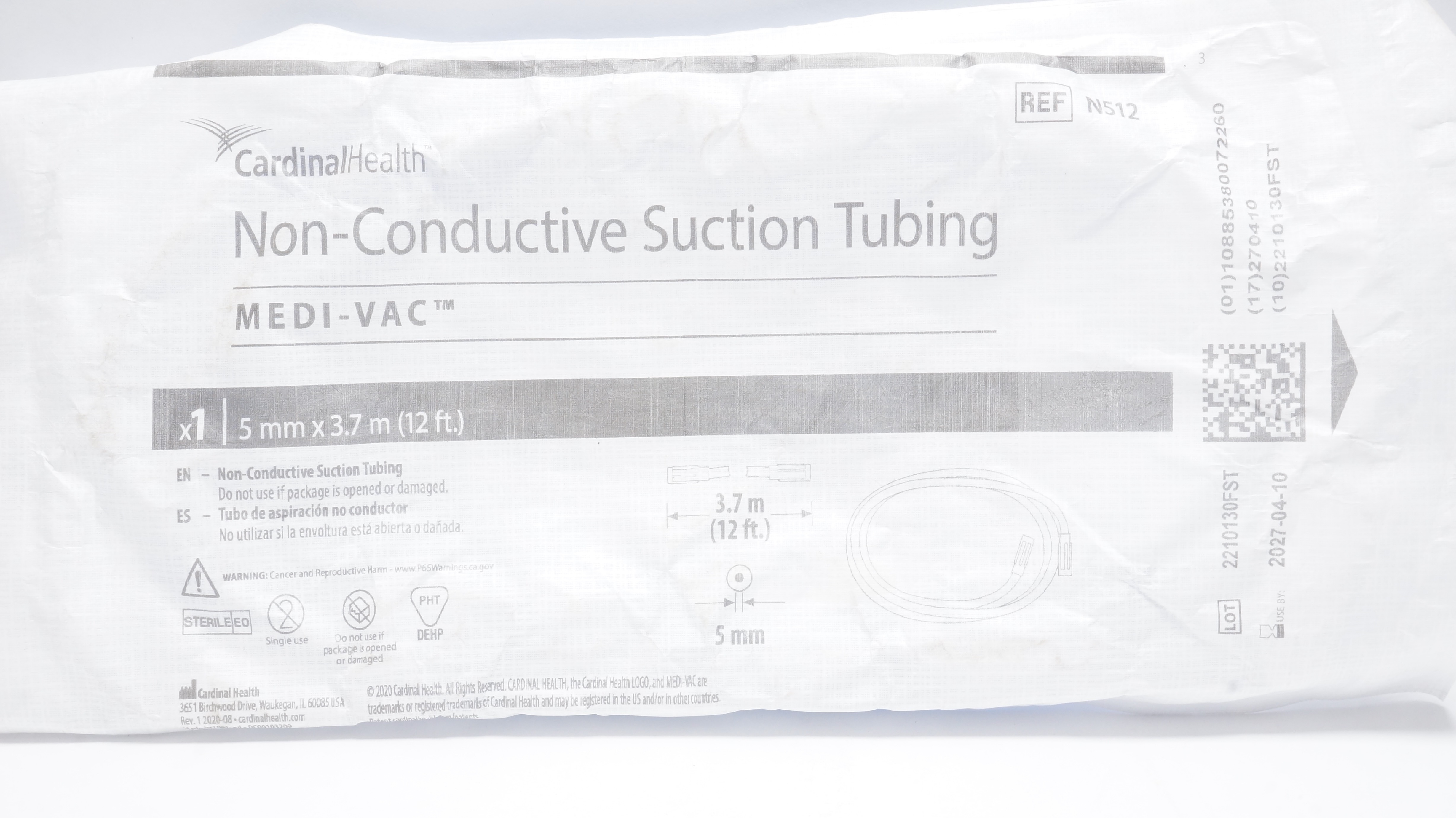 Cardinal Health N512 Medical-Vac Non-Conductive Suction Tubing 5mm x 12ft.