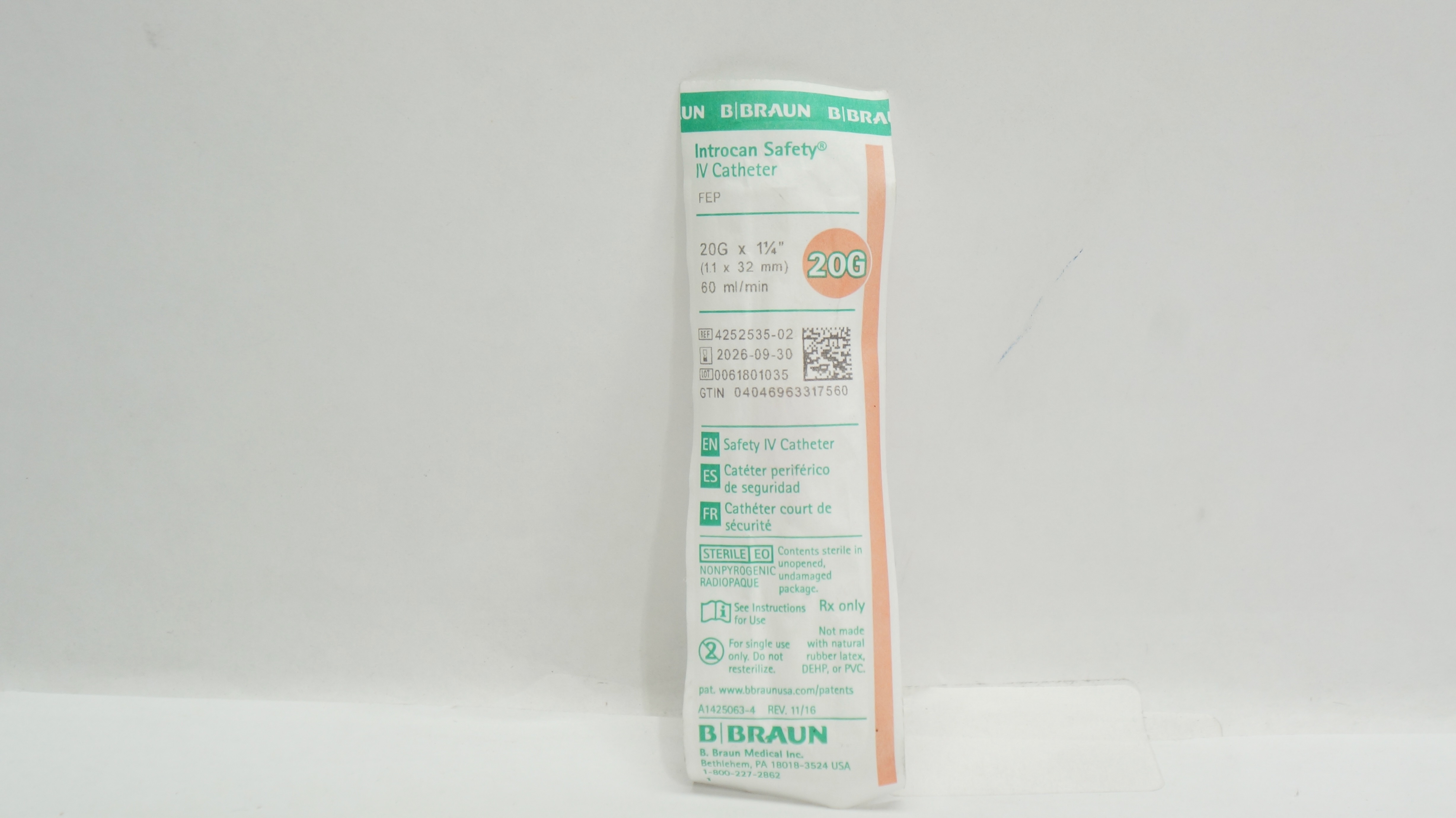 Braun 4252535-02 Introcan Safety IV Cath. 20G x 1 1/4inch  60ml/min