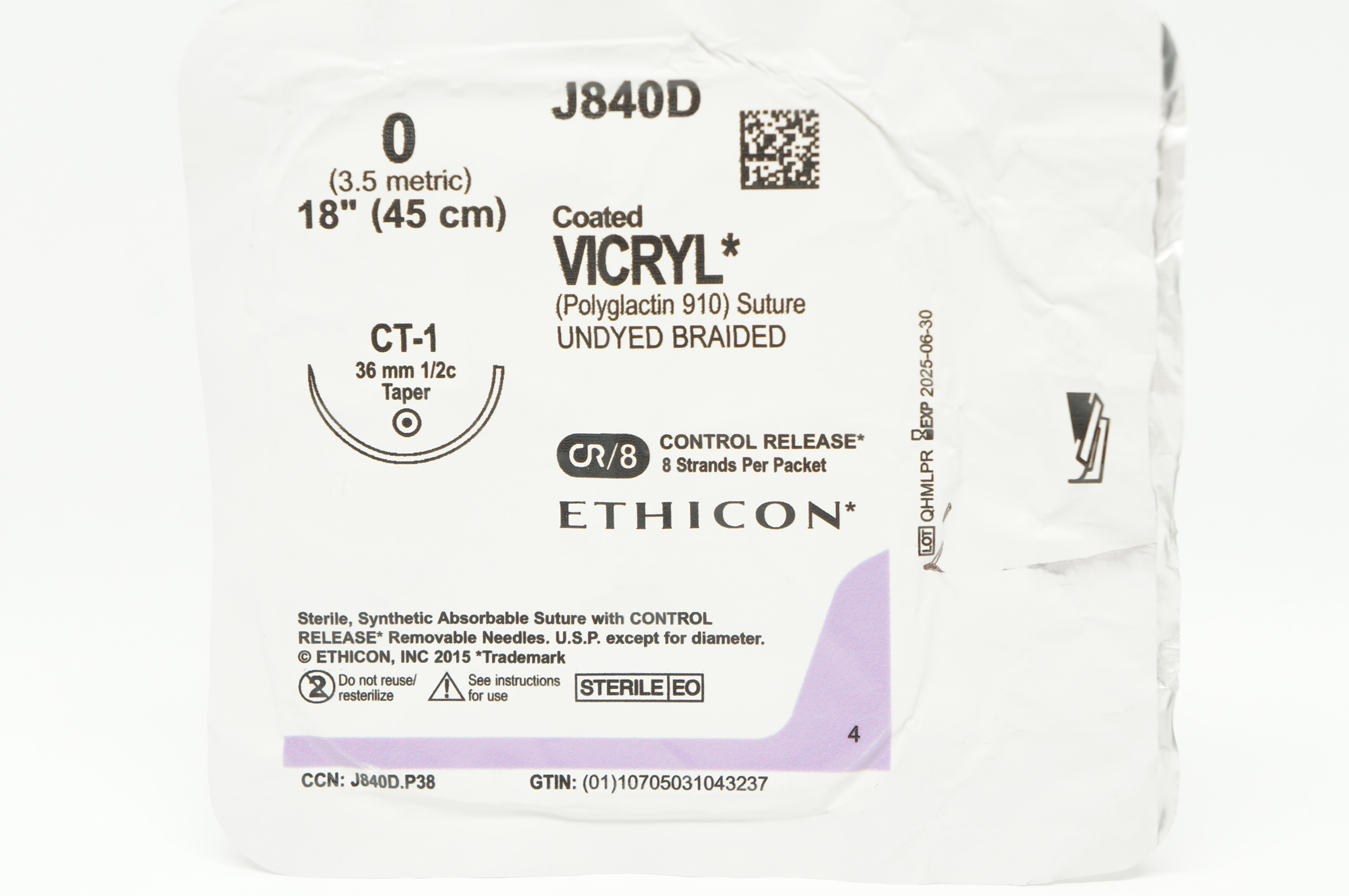 Ethicon J840D 0 Coated VICRYL Stre CT-1 36mm 1/2c Taper 18inch
