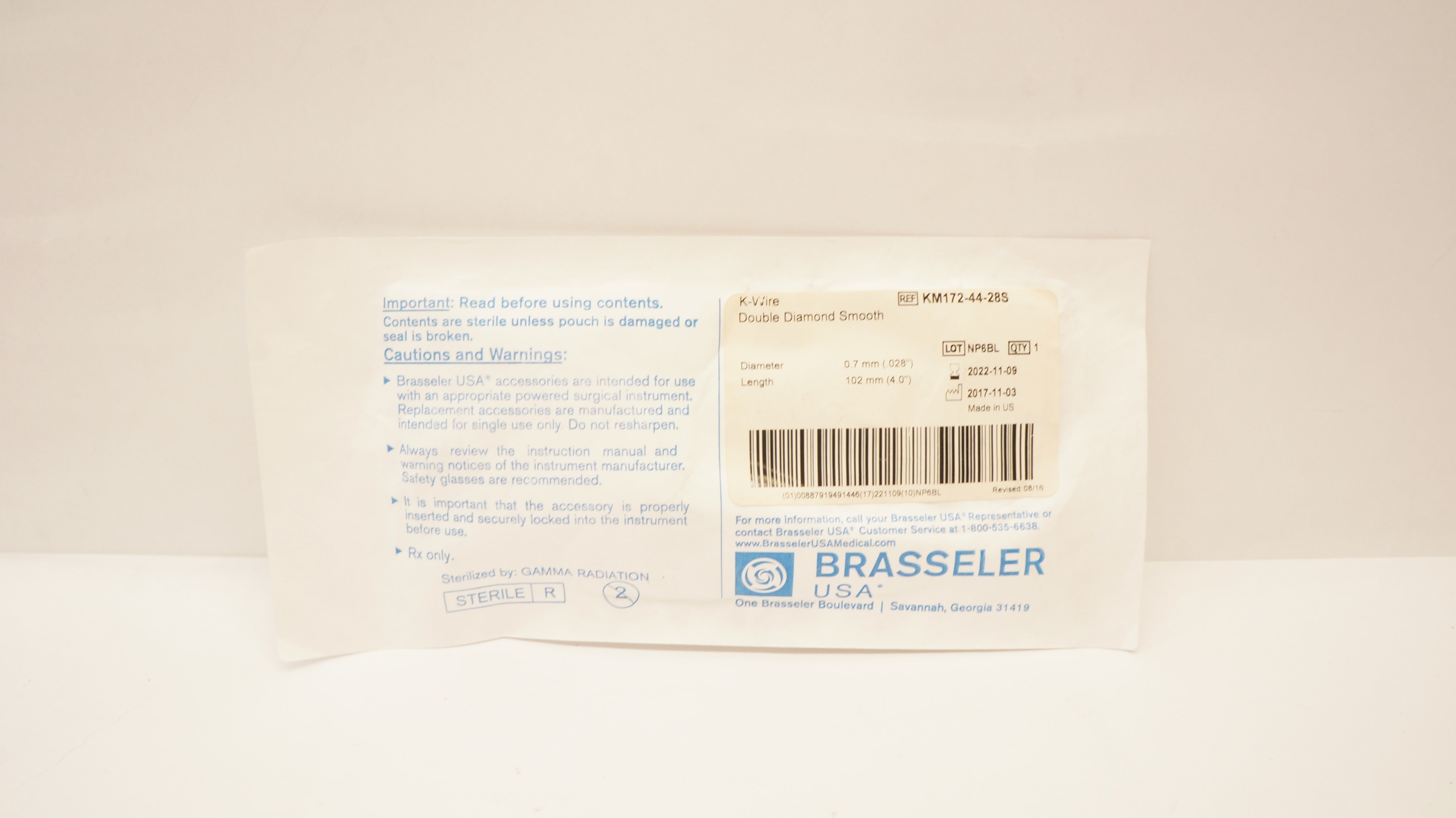 Brasseler KM172-44-28S K-Wire Double Diamond Smooth .028inch x 4.0inch (x)