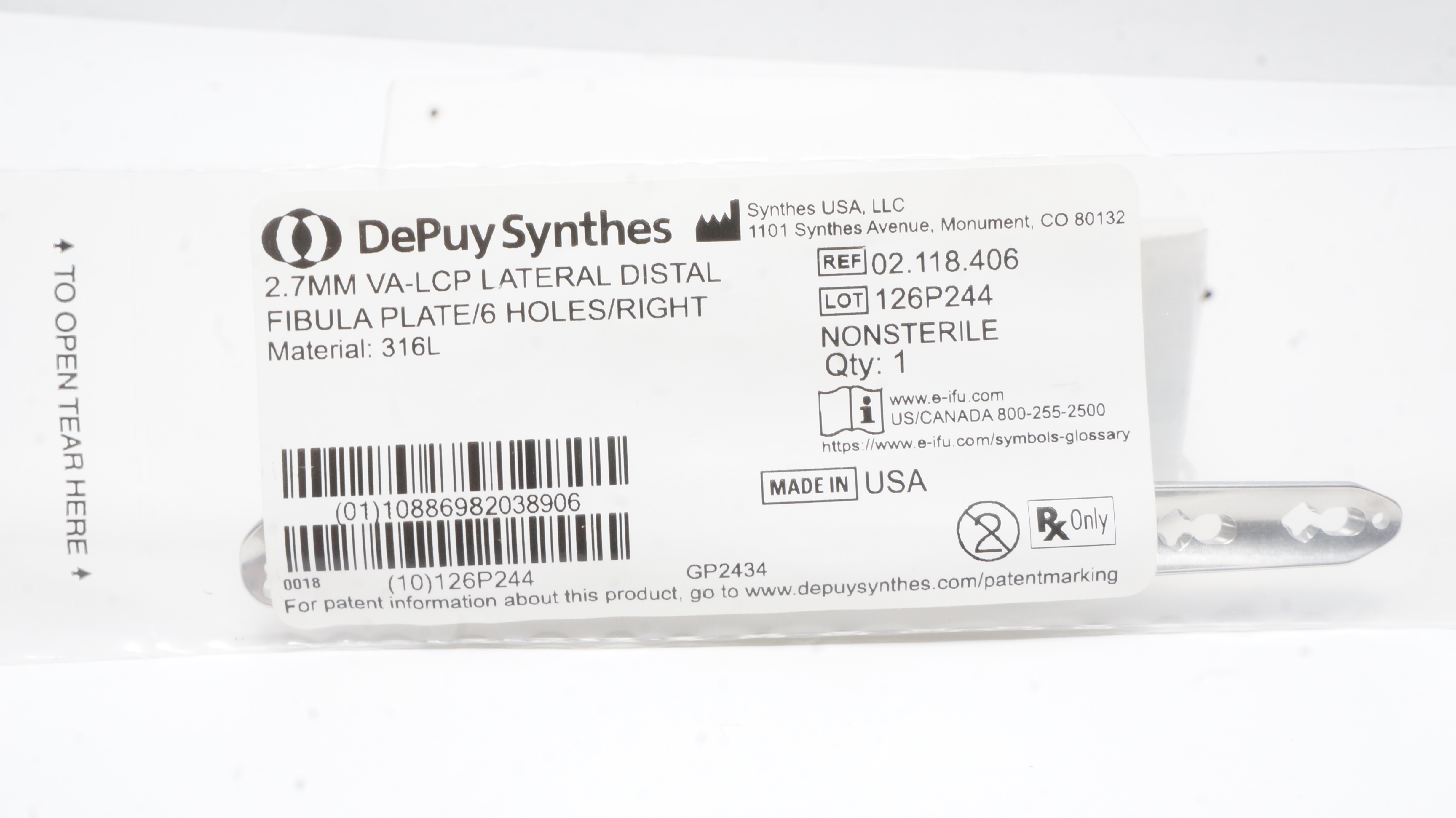 DePuy Synthes 02.118.406 2.7mm VALCP Lateral Distal Fibula Plate
