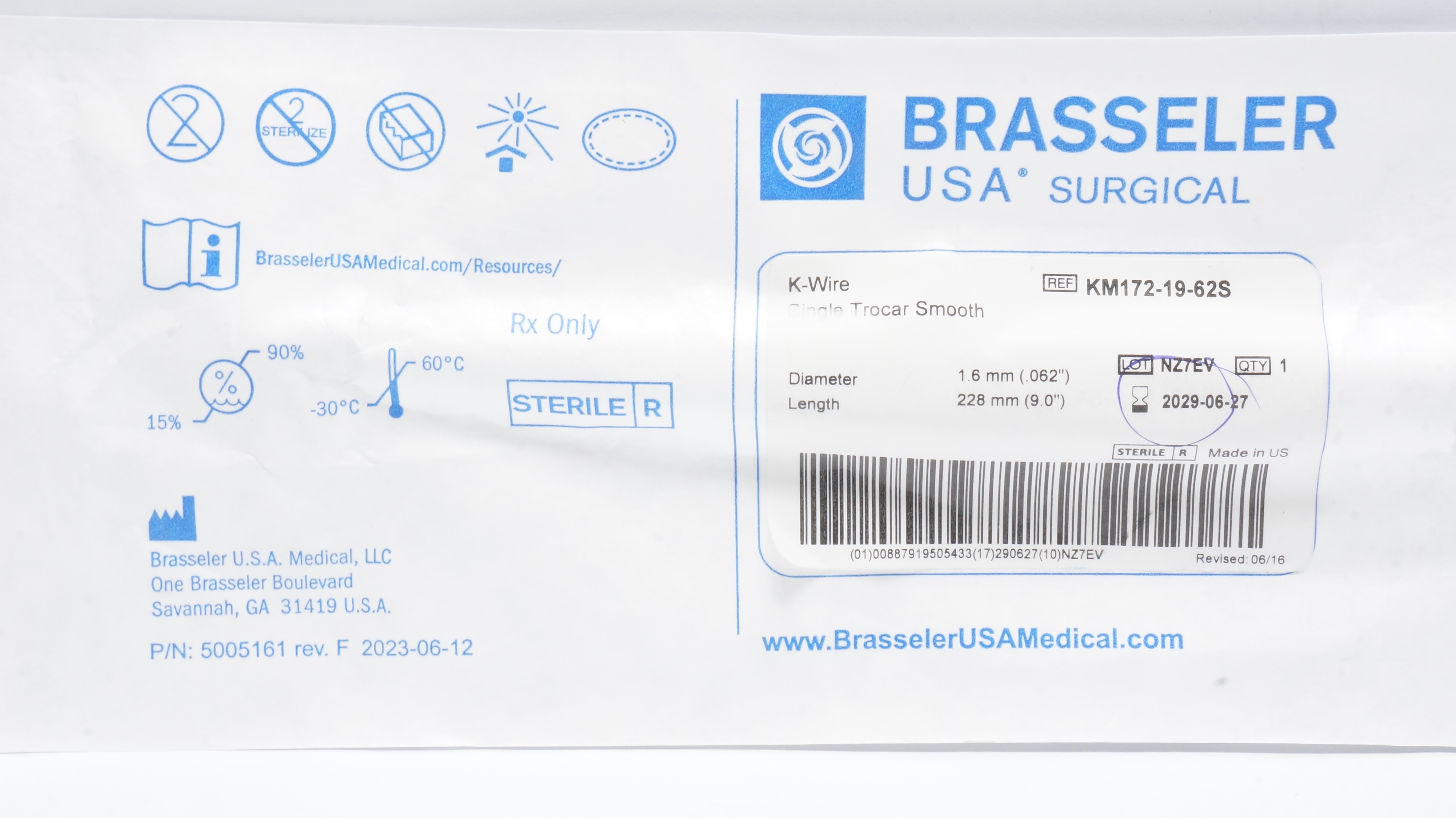 Brasseler KM172-19-62S K-Wire Single Trocar Smooth .062inch x 9.0inch