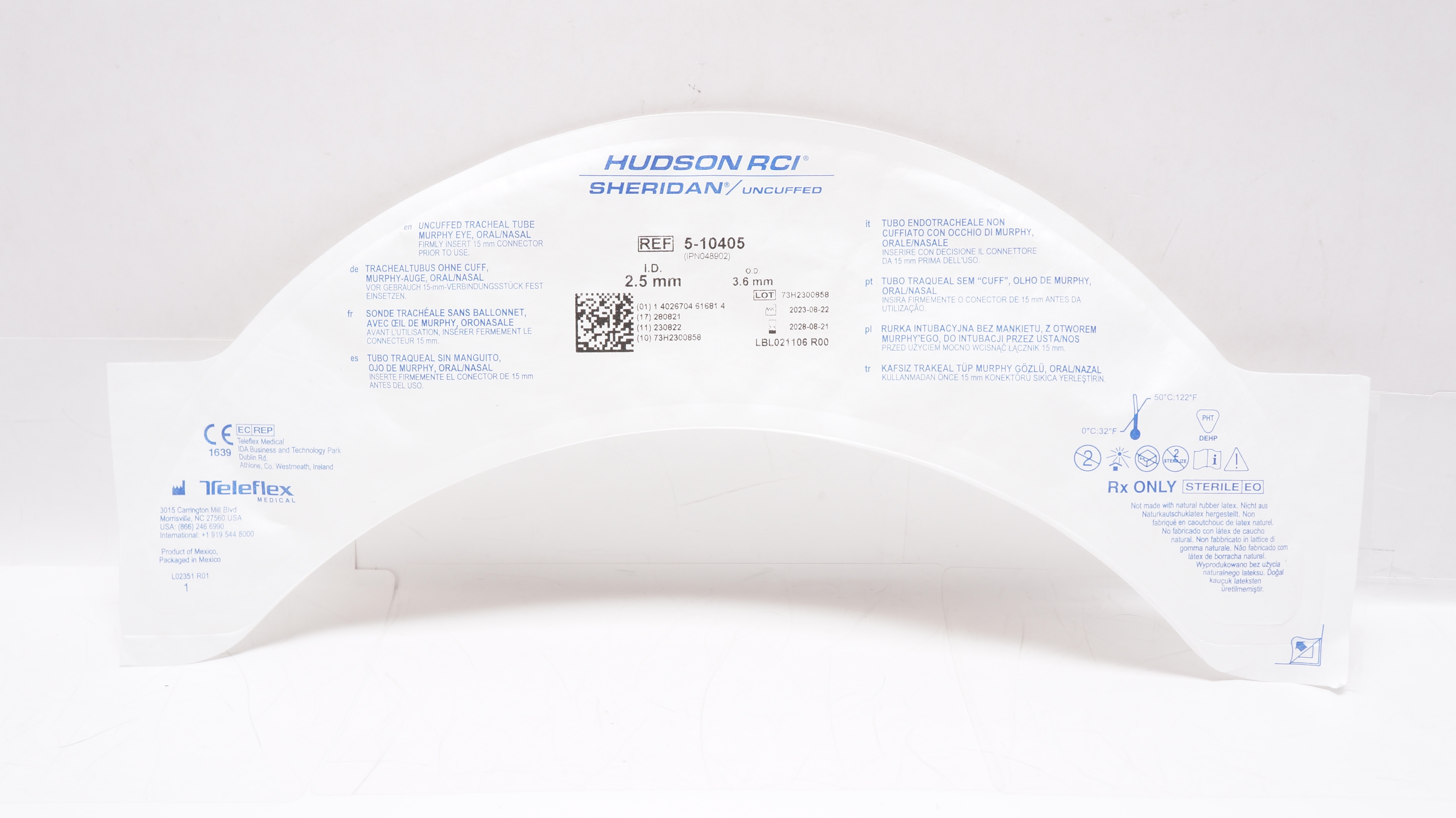 Teleflex 5-10405 Hudson RCI Sheridan Tracheal Tube Uncuffed 2.5mm ID x 3.6mm OD