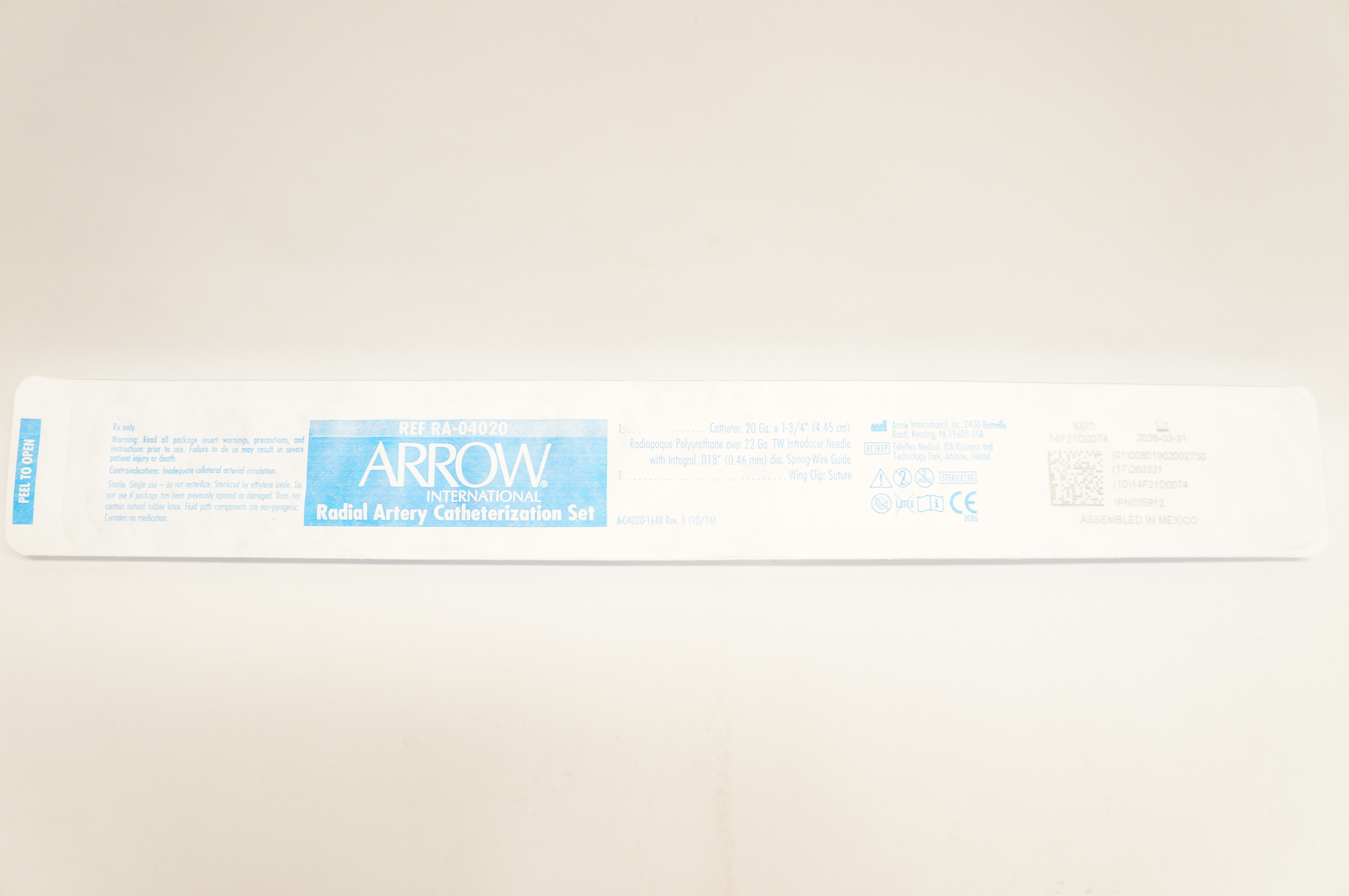 Arrow RA-04020 Radial Artery Catheterization Set 20Ga x 1 3/4inch