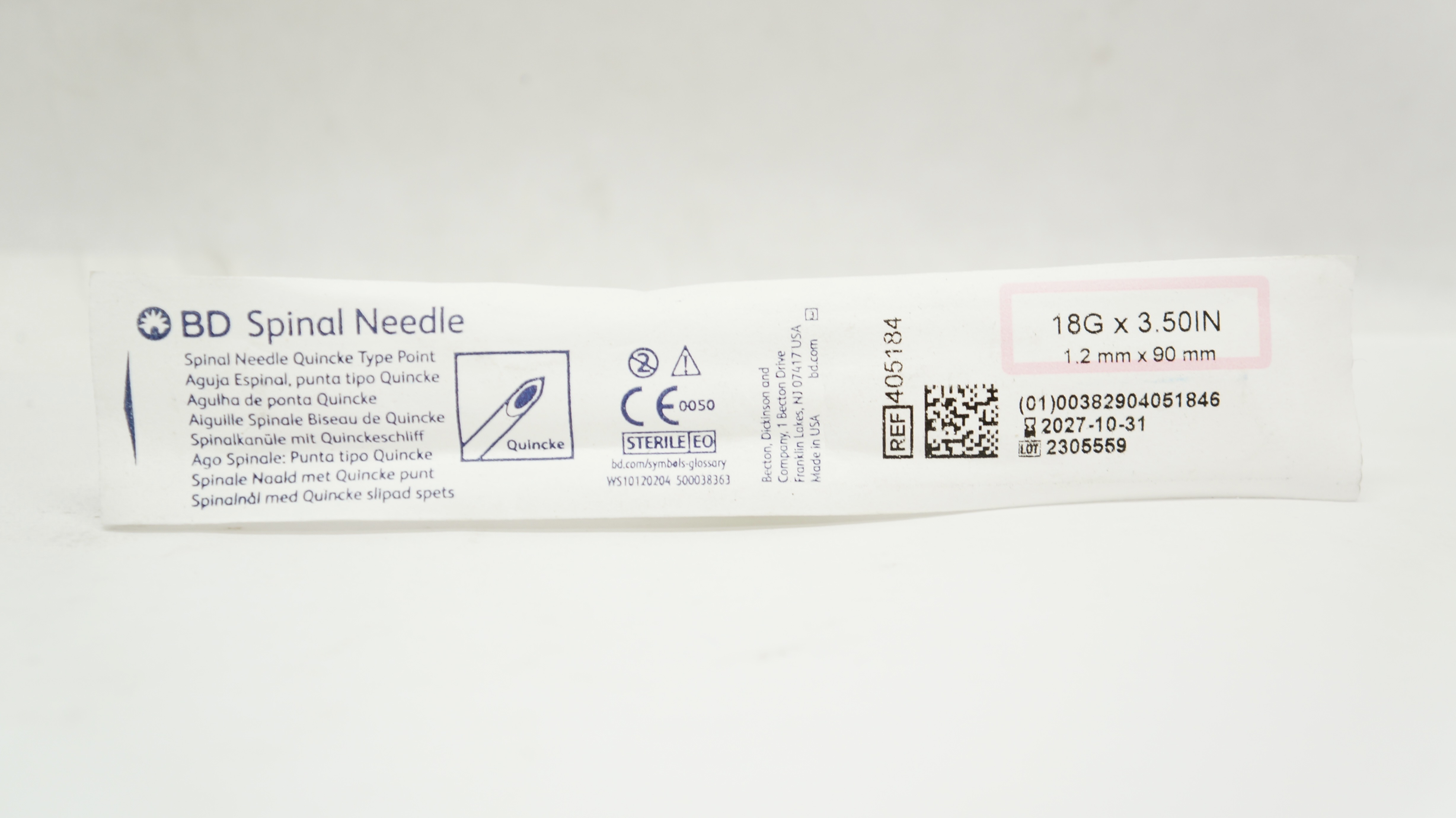 BD 405184 Spinal Ndle Quincke Type Point 18G x 3.5inch