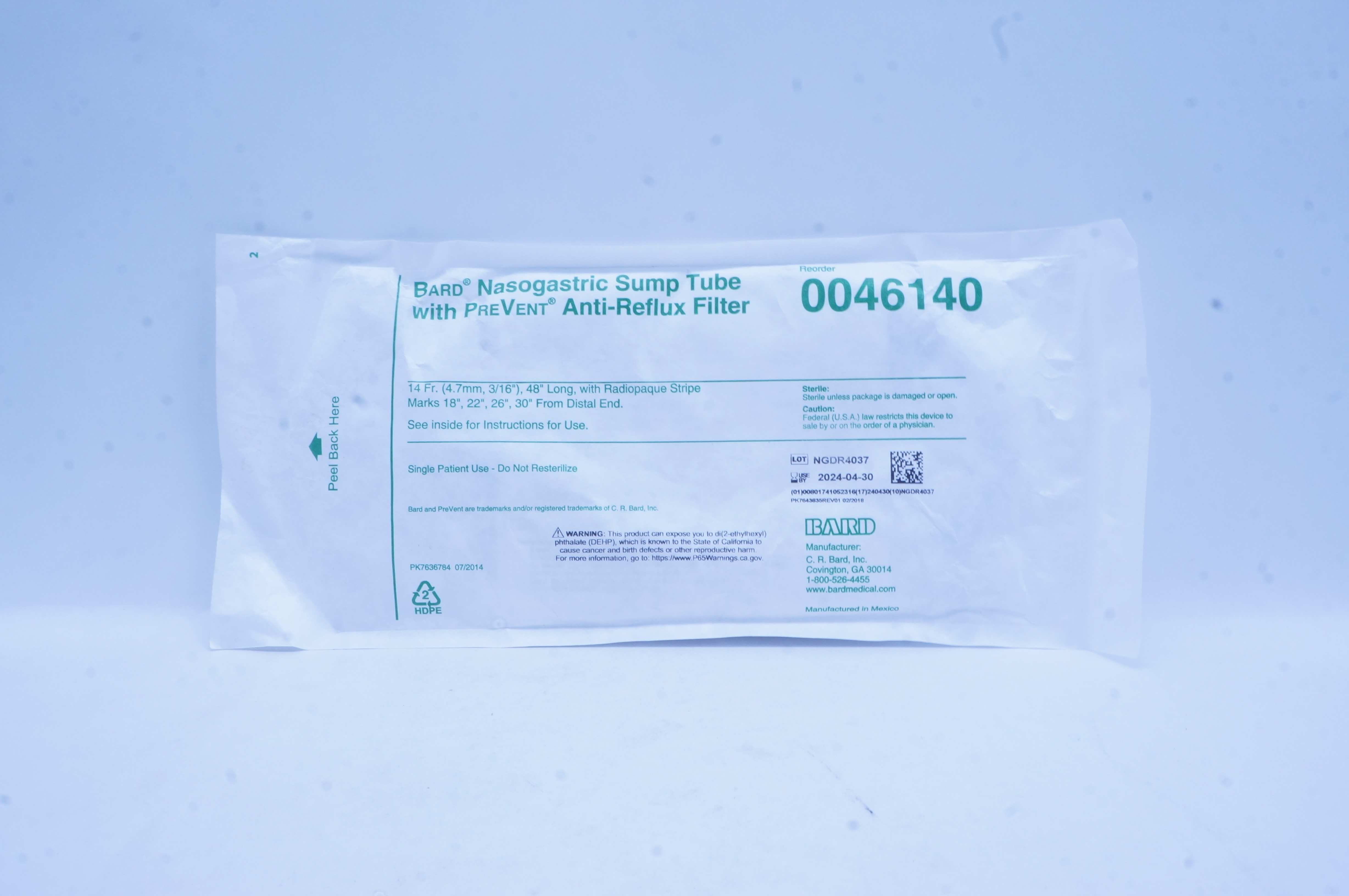 Bard 0046140 Nasogastic Sump Tube with PreVent Anti-Reflux Filter 14Fr.