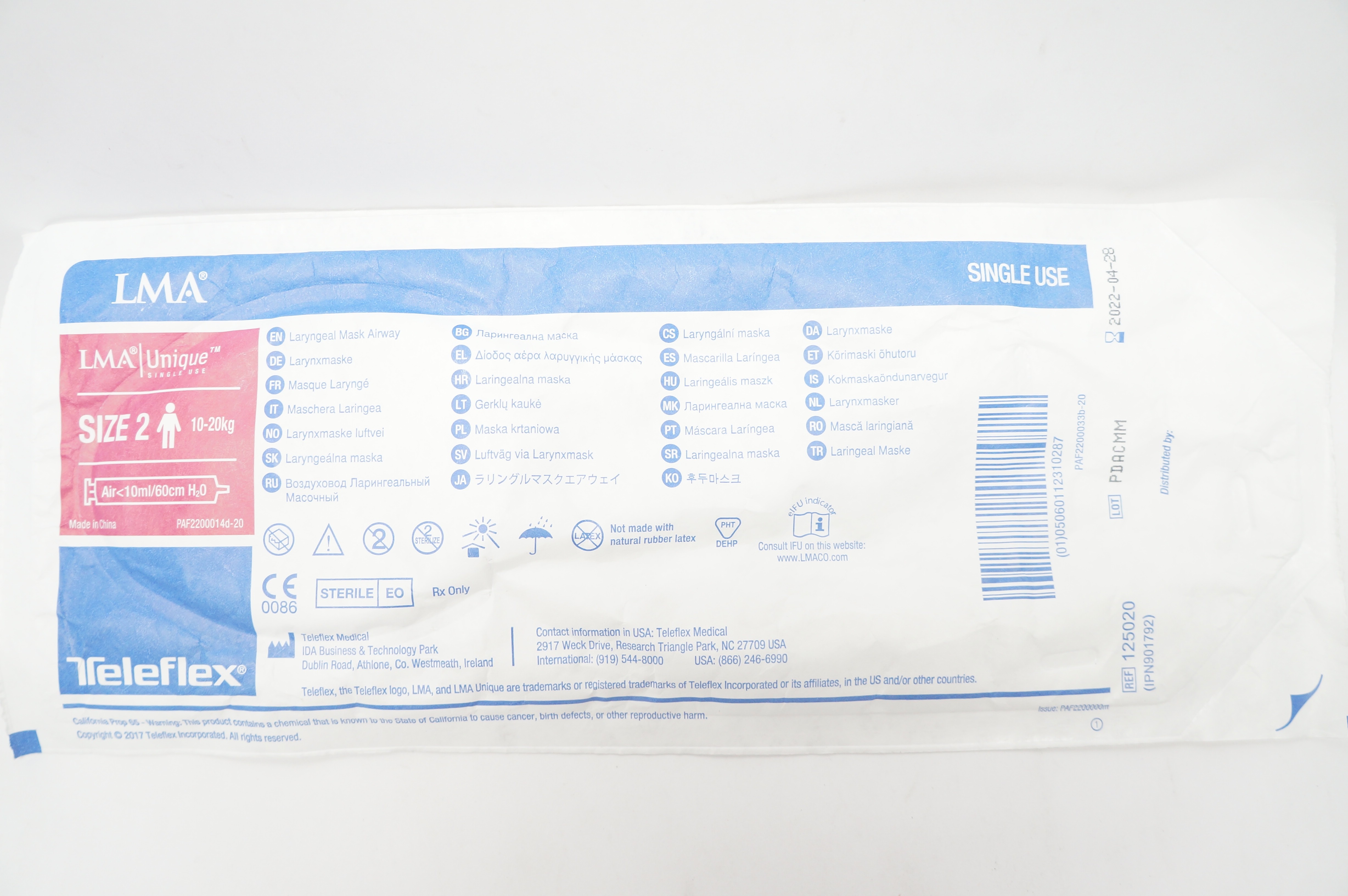 Teleflex 125020 LMA Laryngeal Mask Airway Size 2 10-20kg (x)