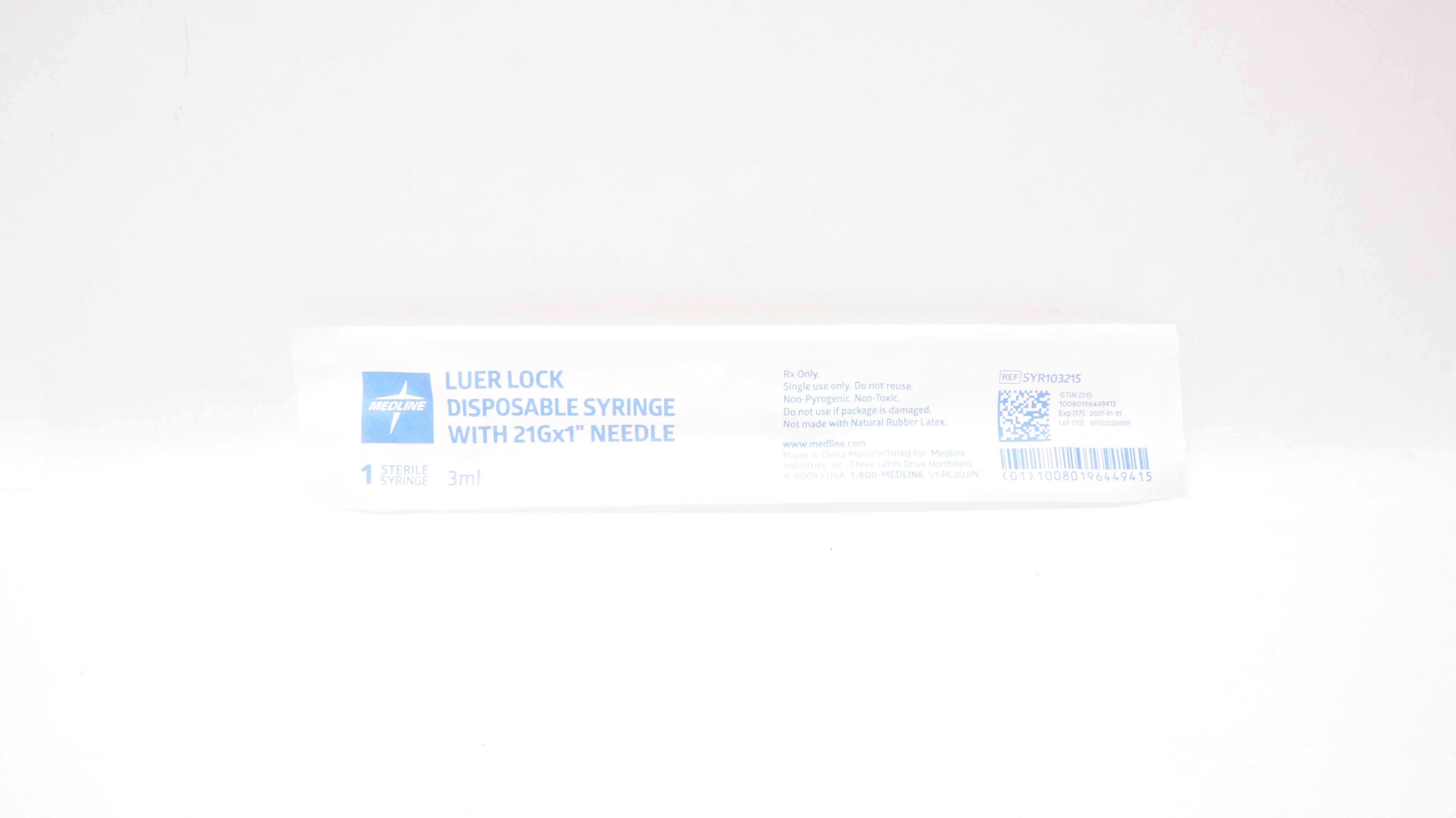 Medline SYR103215 Luer Lock Disposable Syringe W/ 21G x 1In Needle 3mL